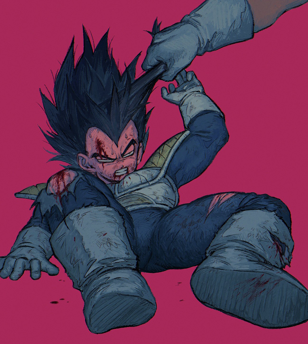 chimachimadb, recoome, vegeta, dragon ball, dragonball z, highres, 2boys, battle damage, black hair, blood, blood on face, blue bodysuit, bodysuit, boots, full body, gloves, grabbing another's hair, half-closed eyes, holding another's hair, male focus, medium hair, multiple boys, purple background, saiyan armor, simple background, solo focus, spiked hair, torn bodysuit, torn clothes, white boots, white gloves
