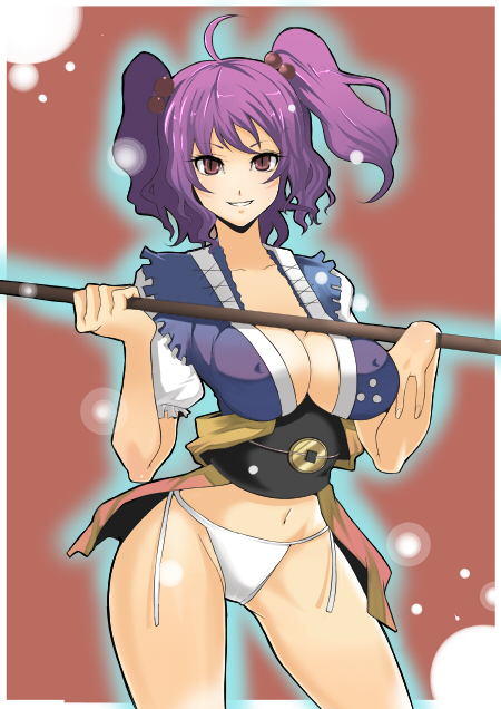 akishima kei, onozuka komachi, touhou, bad id, bad pixiv id, 1girl, breasts, covered erect nipples, female focus, gradient background, large breasts, panties, purple hair, red eyes, short hair, side-tie panties, solo, twintails, two side up, underwear, white panties