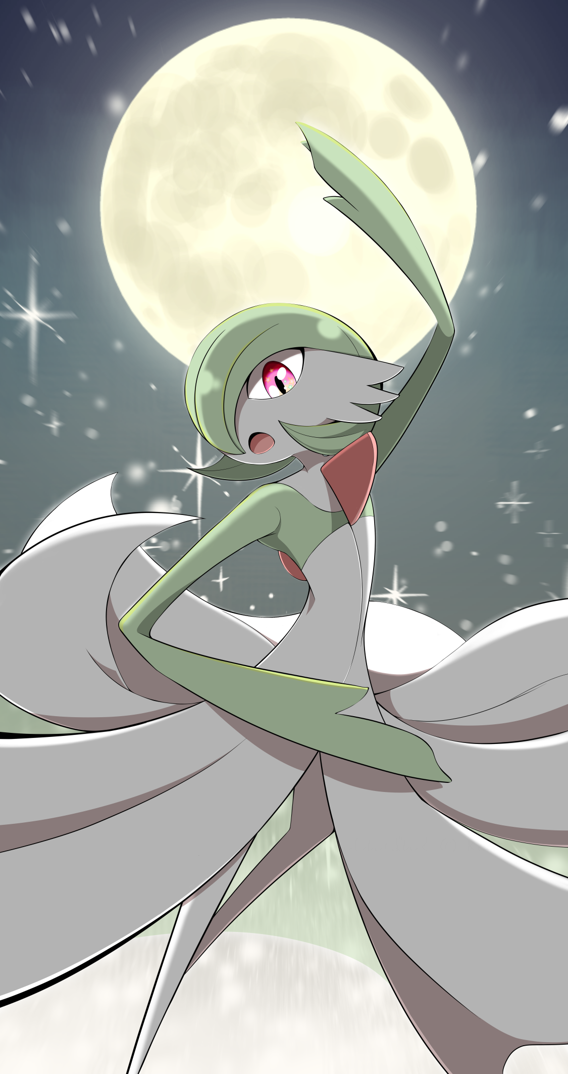 kou(likeathing), gardevoir, nintendo, pokemon, 1girl, arm up, bob cut, colored skin, dancing, female focus, flat chest, full moon, gen 3 pokemon, green hair, green skin, grey background, hair over one eye, looking at viewer, moon, multicolored skin, night, one eye covered, open mouth, outdoors, pink eyes, pokemon (creature), short hair, solo, sparkle, standing, star (sky), two-tone skin, white skin