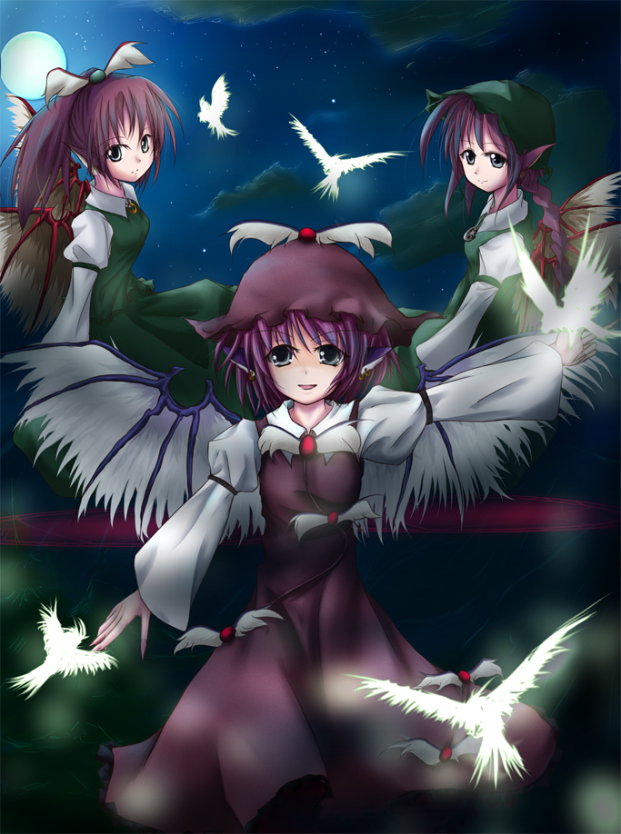 gr (artist), mystia lorelei, touhou, 3girls, animal ears, bird, braid, cloud, dress, female focus, hat, moon, multiple girls, night, night sky, outdoors, pink hair, purple hair, short hair, sky, wings