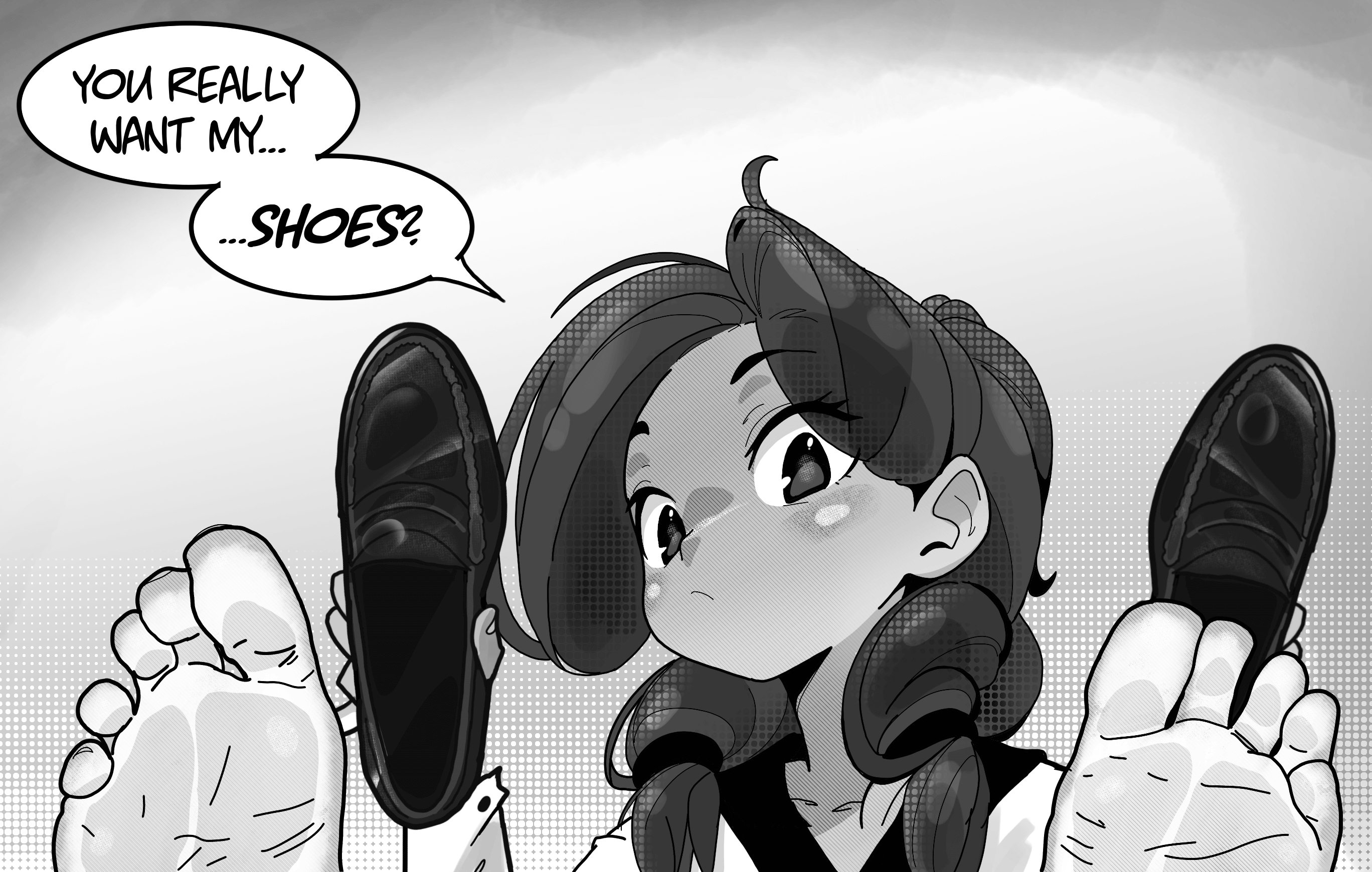 pawfeather, original, highres, barefoot, blush, english text, foot focus, holding, holding shoes, holding unworn clothes, looking at viewer, monochrome, shoes, speech bubble, toes, unworn shoes