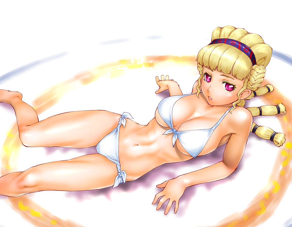 ueyama michirou, minoa, minotaurus no sara, 1girl, arm support, barefoot, bikini, blonde hair, blunt bangs, breasts, breasts apart, cleavage, female focus, from above, front-tie top, grin, hairband, half updo, large breasts, long hair, looking at viewer, lying, narrow waist, navel, on back, pink eyes, scrunchie, side-tie bikini bottom, sidelocks, skindentation, smile, solo, strap gap, swimsuit, toned, toned female, tri tails, underboob, wavy hair, white bikini, wide hips