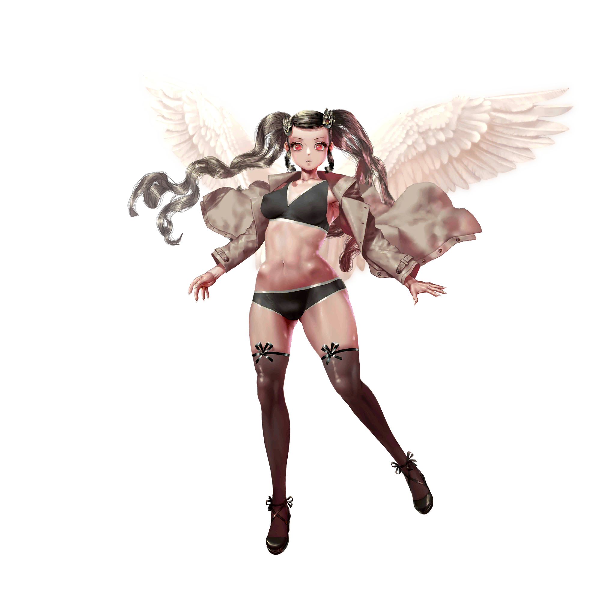 crystal maiden (series), artist request, game cg, highres, official art, variant set, 1girl, black bra, black panties, black shoes, bra, breasts, brown hair, buttons, closed mouth, covered erect nipples, estel (crystal maidens), feathered wings, full body, jacket, long sleeves, looking at viewer, navel, open clothes, open jacket, panties, pink eyes, shoes, solo, transparent background, twintails, underwear, wings