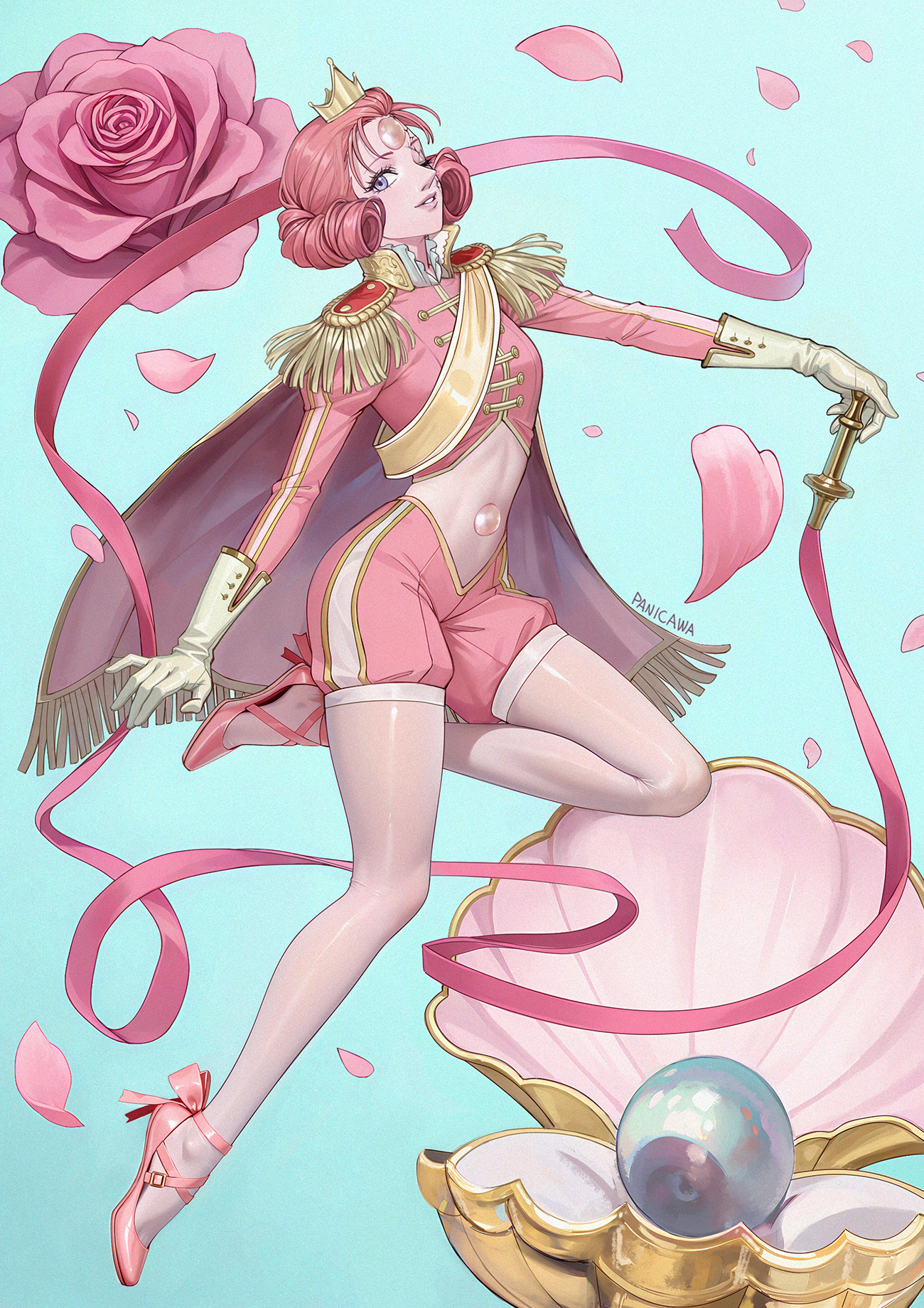 adelheid (moschiola), mega pearl (steven universe), steven universe, highres, 1girl, cropped jacket, flower, gem (steven universe), gloves, holding, jacket, pantyhose, pearl (species) (steven universe), pink flower, pink rose, ribbon, rose, shoes, short hair, shorts, solo, steven universe: future, tiara