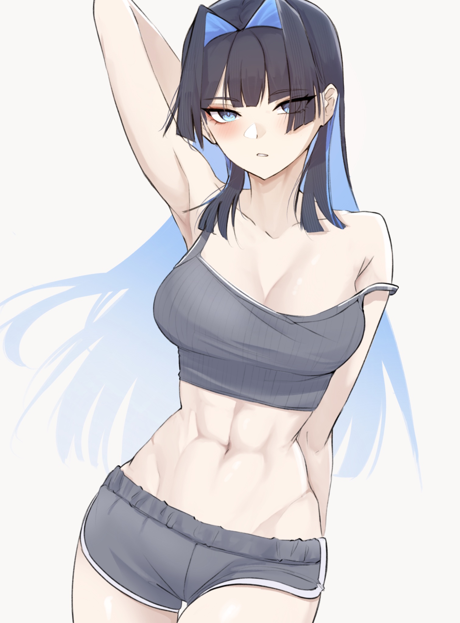 nurizza ilst, ouro kronii, hololive, hololive english, highres, 1girl, abs, arm up, black hair, blue eyes, blue hair, breasts, camisole, cleavage, colored inner hair, dolphin shorts, grey camisole, grey shorts, hair intakes, large breasts, long hair, meme, multicolored hair, navel, parted lips, shorts, simple background, solo, strap slip, toned, toned female, virtual youtuber, which holomem looks best in these? (meme), white background
