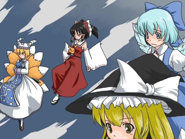 369, cirno, hakurei reimu, kirisame marisa, yakumo ran, touhou, bad id, bad pixiv id, 4girls, animal hat, ascot, blonde hair, blue dress, blue eyes, blue hair, brown eyes, brown hair, detached sleeves, dress, female focus, fox tail, hair tubes, hands in opposite sleeves, hat, long sleeves, mob cap, multiple girls, multiple tails, red dress, short hair, sidelocks, tabard, tail, tareme, tassel, upper body, white dress, wide sleeves