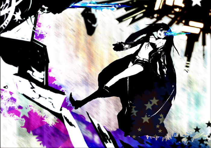 karasu (karasuxx), black rock shooter (character), hatsune miku, black rock shooter, vocaloid, bad id, bad pixiv id, 10s, 1girl, belt, bikini, bikini top only, black hair, blue eyes, boots, coat, female focus, flat chest, front-tie top, gloves, glowing, glowing eyes, hood, hooded jacket, jacket, knee boots, long hair, midriff, navel, pale skin, running, scar, short shorts, shorts, solo, star (symbol), swimsuit, twintails, uneven twintails, very long hair