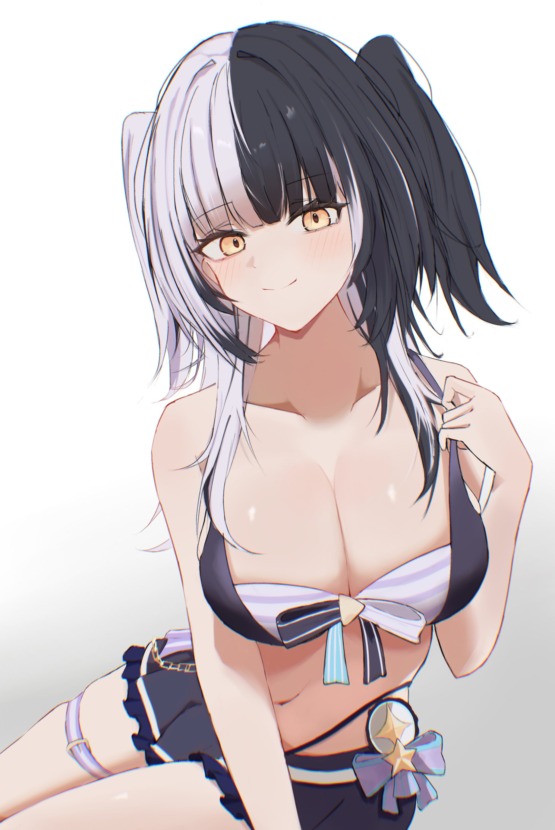immakms zzz, shiori novella, hololive, hololive english, absurdres, hashtag-only commentary, highres, 1girl, bikini, black hair, breasts, cleavage, closed mouth, grey hair, hololive summer 2023 swimsuit, large breasts, looking at viewer, multicolored hair, simple background, smile, solo, split-color hair, striped bikini, striped clothes, swimsuit, twintails, two-tone hair, virtual youtuber, white background, yellow eyes