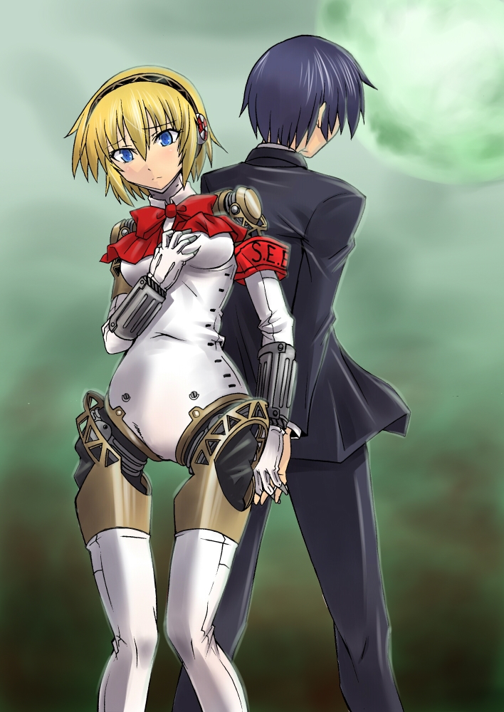 segami daisuke, aigis (persona), yuuki makoto (persona 3), atlus, persona, persona 3, 1boy, 1girl, android, armband, blonde hair, blue eyes, blue hair, bow, full moon, hairband, hetero, holding hands, moon, school uniform, serafuku, short hair