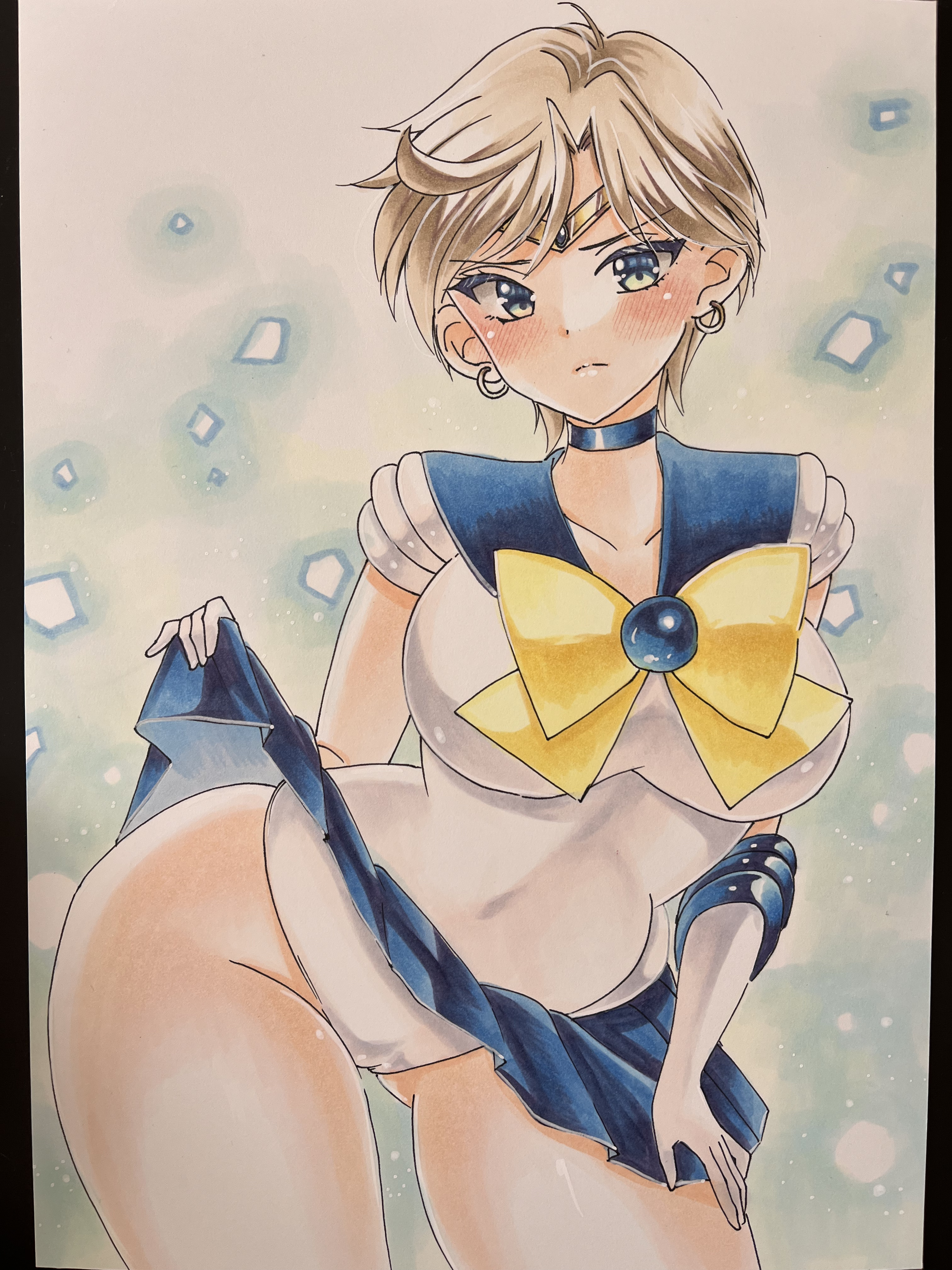 kae (bluebluebluebelly), sailor uranus, ten'ou haruka, bishoujo senshi sailor moon, absurdres, highres, traditional media, blonde hair, blue brooch, blue choker, blue gemstone, blue sailor collar, blue skirt, blush, bow, bowtie, breasts, choker, clothes lift, collarbone, earrings, elbow gloves, gem, gloves, gluteal fold, gold earrings, hoop earrings, jewelry, large breasts, leotard, lifting own clothes, looking at viewer, pleated skirt, sailor collar, short hair, skirt, skirt lift, thick thighs, thighs, white gloves, white leotard, yellow bow, yellow bowtie, yellow eyes
