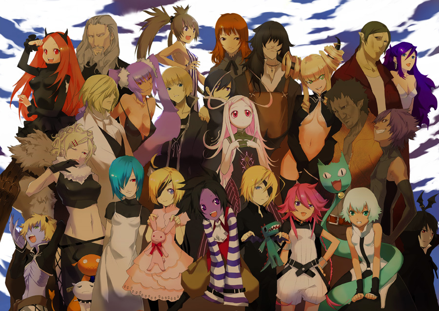 tsujisaki, striped, bad id, bad pixiv id, 6+boys, 6+girls, ahoge, antenna hair, bat (animal), blonde hair, blue hair, bodysuit, breasts, cleavage, colored skin, dress, drill hair, everyone, eyepatch, gloves, hair ornament, hair over one eye, hairclip, large breasts, long hair, medium breasts, midriff, monster girl, multiple boys, multiple girls, one eye closed, pink hair, purple hair, purple skin, red hair, short hair, small breasts, stuffed animal, stuffed toy, underboob, wink