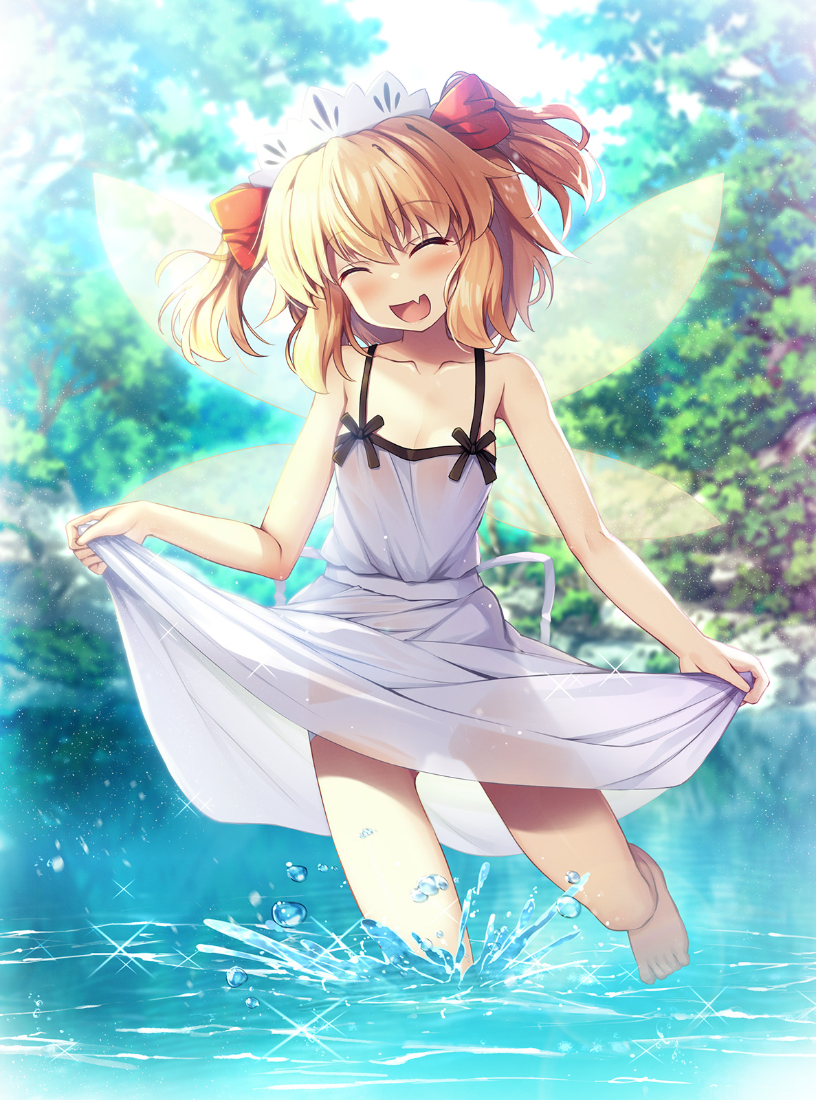 chima q, sunny milk, touhou, commentary request, highres, 1girl, :d, back ribbon, bare shoulders, barefoot, blurry, blurry background, blush, breasts, closed eyes, collarbone, dress, fairy, fairy wings, fang, foliage, foot up, gluteal fold, hair ribbon, knees, medium hair, no bra, open mouth, orange hair, panties, red ribbon, ribbon, see-through clothes, see-through dress, skin fang, skirt hold, small breasts, smile, solo, sparkle, splashing, sundress, tree, twintails, underwear, wading, water drop, wet, wet clothes, wet dress, white dress, white headdress, white panties, white ribbon, wings