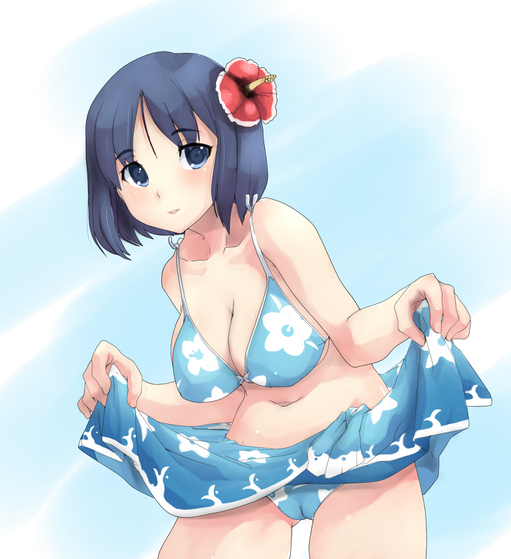 knucklecurve, 1girl, bikini, blue eyes, blue hair, breasts, cameltoe, cleavage, female focus, flower, hair flower, hair ornament, hibiscus, large breasts, matching hair/eyes, short hair, solo, swimsuit