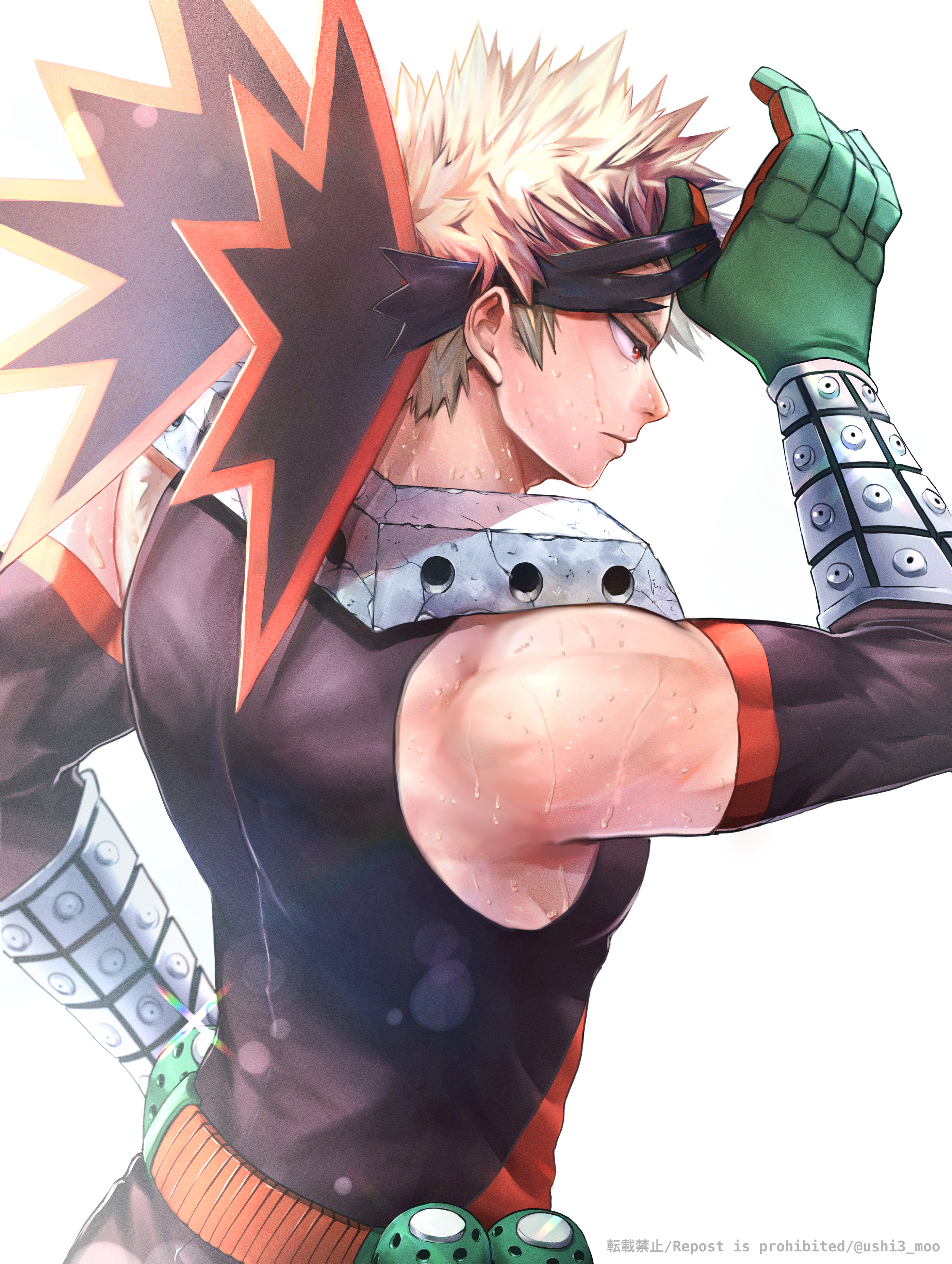 ushi3 moo, bakugou katsuki, boku no hero academia, absurdres, commentary request, highres, 1boy, blonde hair, closed mouth, male focus, red eyes, short hair, simple background, sleeveless, solo, spiked hair, superhero costume, sweat, toned, toned male, twitter username, very sweaty, white background