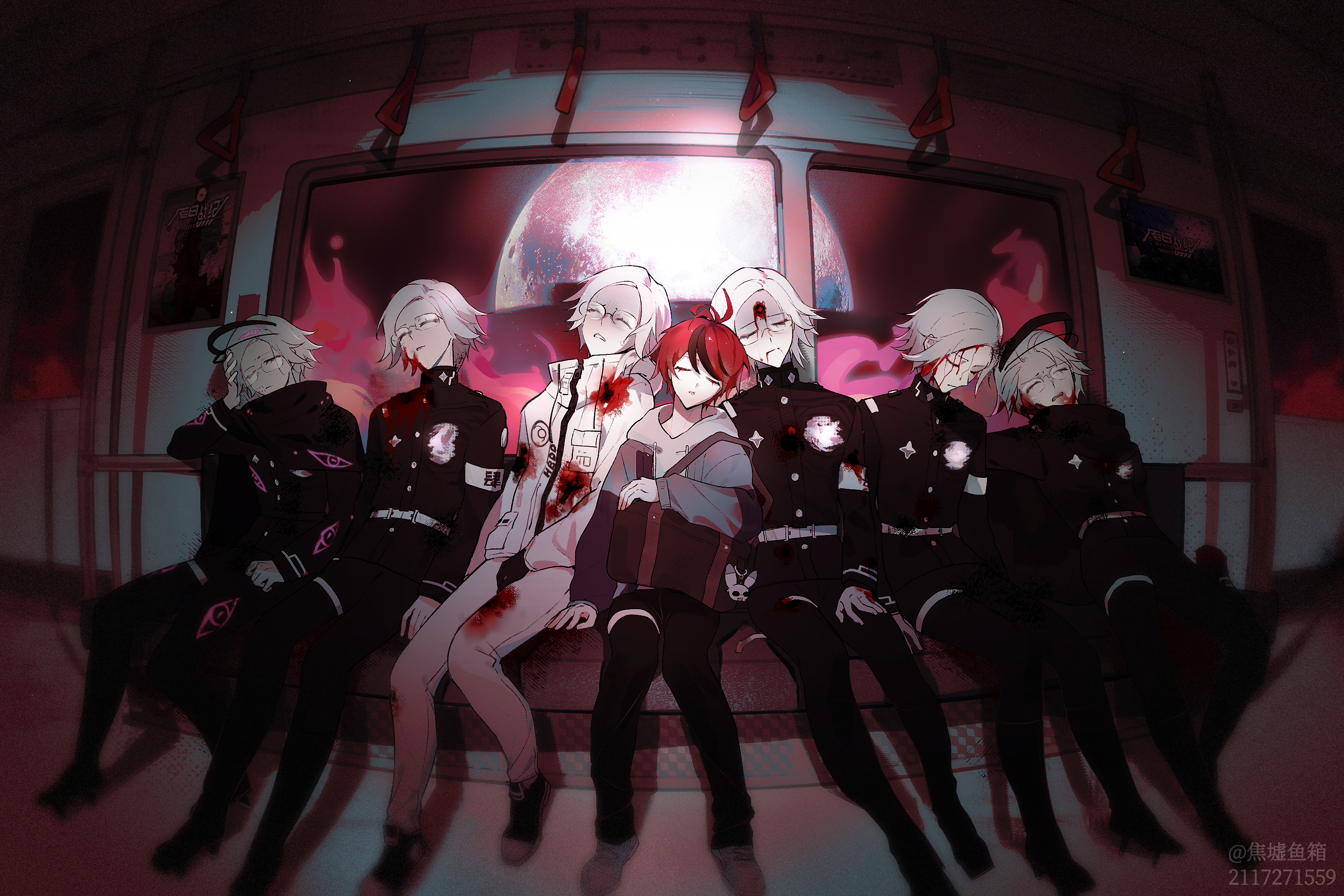 aotsuki eito, sumino takumi, the hundred line -last defense academy-, chinese commentary, commentary request, highres, 6+boys, ahoge, animal charm, armband, bag, black cloak, black gloves, black jacket, black pants, black shoes, black streaks, bleeding, blood, blood from forehead, charm (object), cloak, corpse, doppelganger, eye print, fisheye, gakuran, geta, glasses, gloves, grey hair, grey jacket, grimace, headgear, hood, hoodie, injury, jacket, jacket over hoodie, last defense academy school uniform, male focus, moon, multicolored hair, multicolored jacket, multiple boys, multiple persona, pants, red hair, school uniform, shoes, short hair, shoulder bag, sitting, sleeping, streaked hair, train interior, two-tone jacket, white armband, white gloves, white hoodie, white jacket, white pants, white shoes, ynghun821014194, zen'ta
