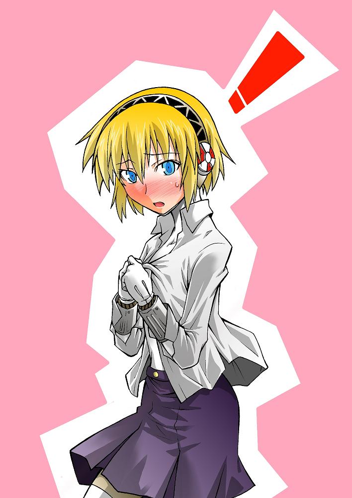 segami daisuke, aigis (persona), atlus, persona, persona 3, jpeg artifacts, !, android, blonde hair, blue eyes, blush, dressing, hairband, school uniform, serafuku, short hair, skirt, solo, surprised