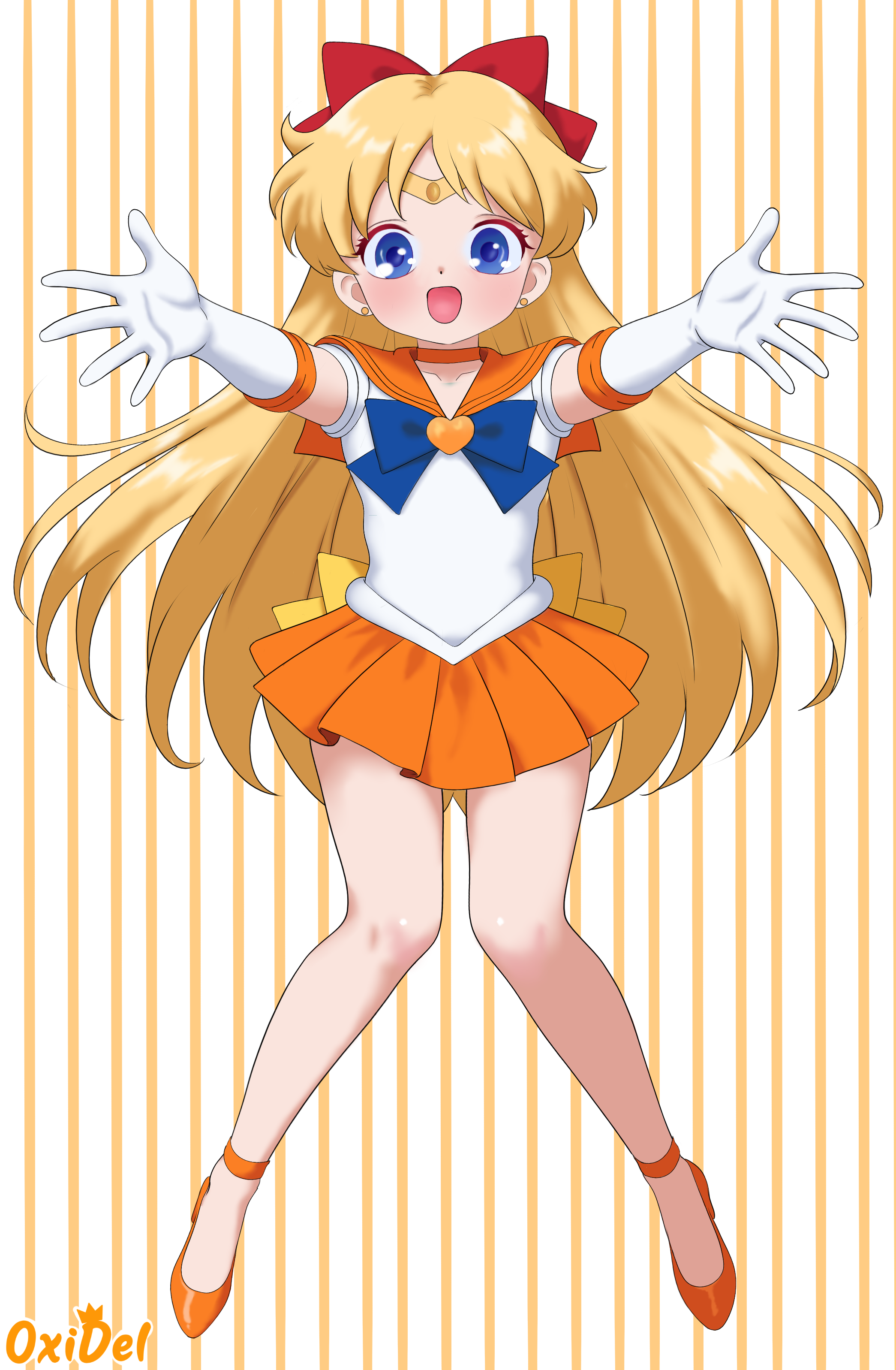 oxidel, aino minako, sailor venus, bishoujo senshi sailor moon, absurdres, highres, aged down, back bow, blue bow, blue bowtie, blue eyes, blush, bow, bowtie, brooch, choker, collarbone, earrings, elbow gloves, flat chest, gloves, heart, heart brooch, high heels, jewelry, orange brooch, orange choker, orange sailor collar, orange shoes, orange skirt, pleated skirt, sailor collar, shoes, skirt, stud earrings, white gloves, yellow bow