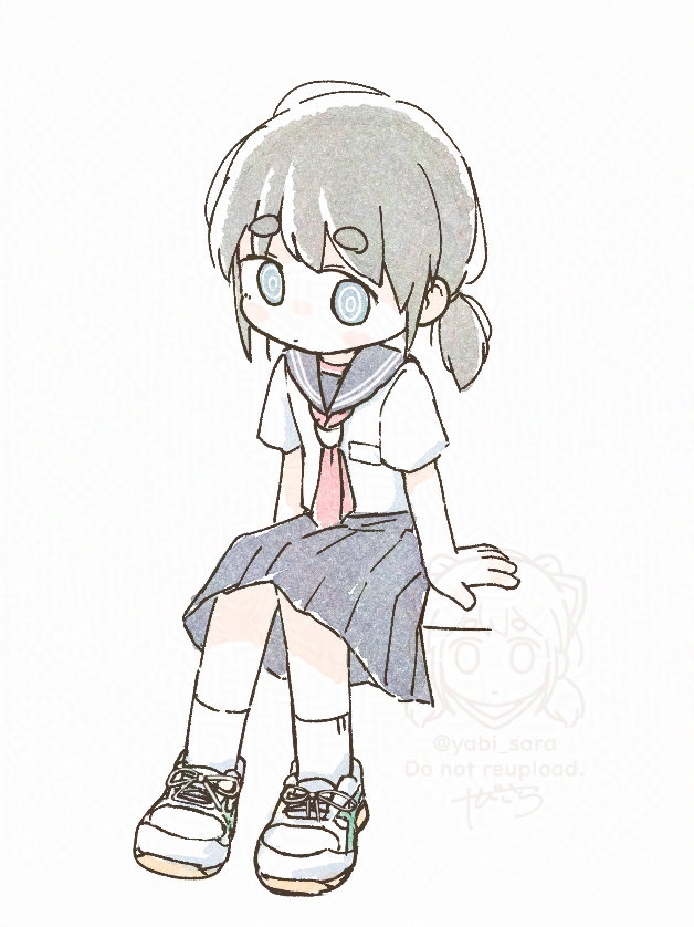 yabisara, original, 1girl, full body, grey sailor collar, grey skirt, looking at viewer, low twintails, necktie, pleated skirt, ringed eyes, sailor collar, school uniform, serafuku, shirt, shoes, short sleeves, short twintails, simple background, sitting, skirt, sneakers, socks, solo, twintails, white shirt, white shoes, white socks
