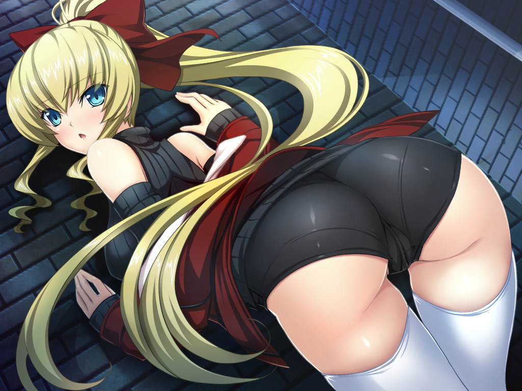 inoino, rieszverne suzette paladill, kouyoku senki exs-tia, game cg, non-web source, official art, variant set, 1girl, :o, against wall, ass, bare shoulders, bent over, black shorts, black sweater, blonde hair, blue eyes, blush, bow, breasts, brick wall, cameltoe, casual, cowboy shot, detached sleeves, dutch angle, from behind, hair between eyes, hair bow, high ponytail, jacket, jewelry, large breasts, legs together, long hair, long sleeves, looking at viewer, looking back, night, off shoulder, open clothes, open jacket, open mouth, outdoors, pendant, ponytail, red bow, red jacket, ribbed sweater, short shorts, shorts, sidelocks, sleeveless, sleeveless turtleneck, sleeves past wrists, solo, sweater, thigh gap, thighhighs, turtleneck, turtleneck sweater, very long hair, white thighhighs