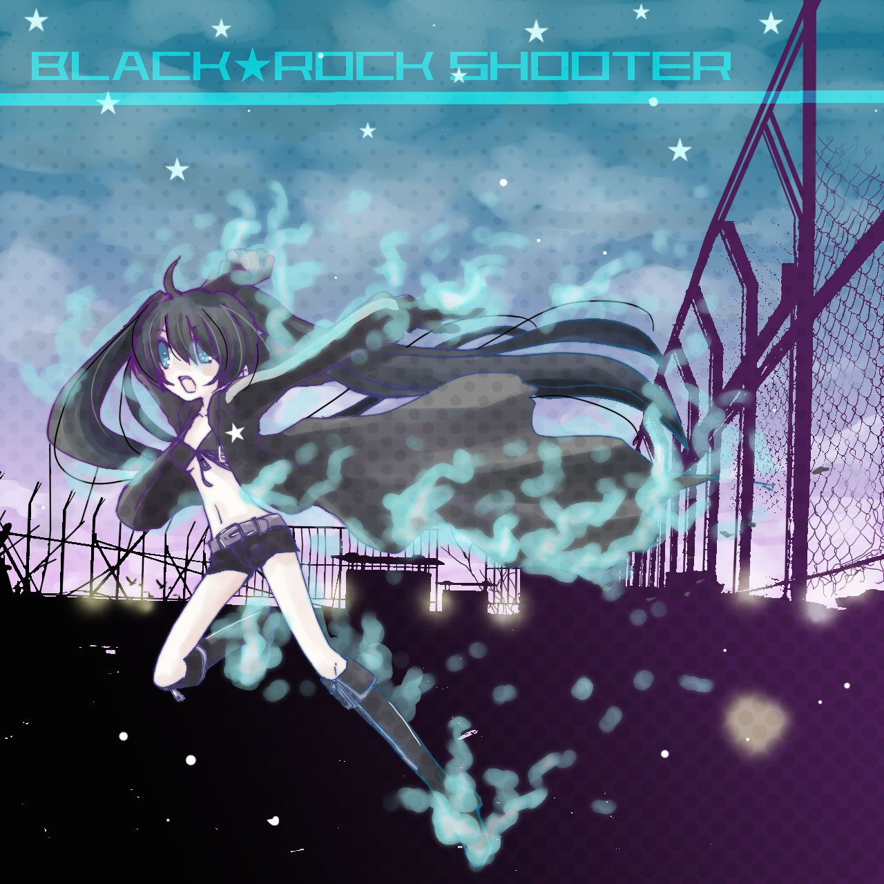 nishikawa rina, black rock shooter (character), hatsune miku, black rock shooter, vocaloid, highres, 10s, 1girl, aura, belt, bikini, bikini top only, black hair, blue eyes, boots, chain-link fence, coat, female focus, fence, flat chest, front-tie top, gloves, glowing, glowing eyes, green eyes, hood, hooded jacket, jacket, knee boots, long hair, midriff, navel, pale skin, short shorts, shorts, solo, star (symbol), swimsuit, twintails, uneven twintails, very long hair, zipper