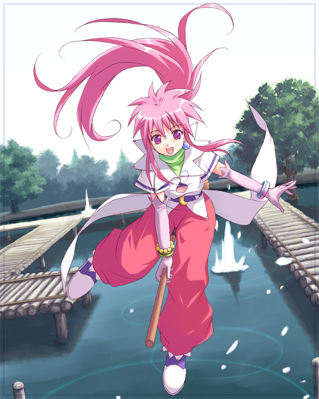yakka, arche klein, tales of (series), tales of phantasia, 1girl, :d, broom, broom riding, dock, elbow gloves, female focus, flying, gloves, long hair, open mouth, pants, pink eyes, pink hair, pink pants, ponytail, smile, solo