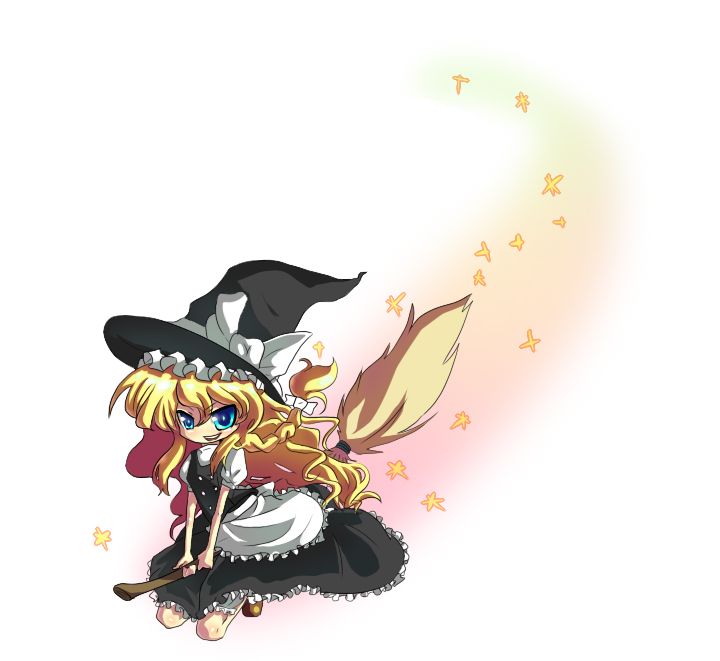 sakana (pixiv), uota sakana, kirisame marisa, touhou, bad id, bad pixiv id, 1girl, blonde hair, broom, broom riding, female focus, flying, hat, long hair, ribbon, solo