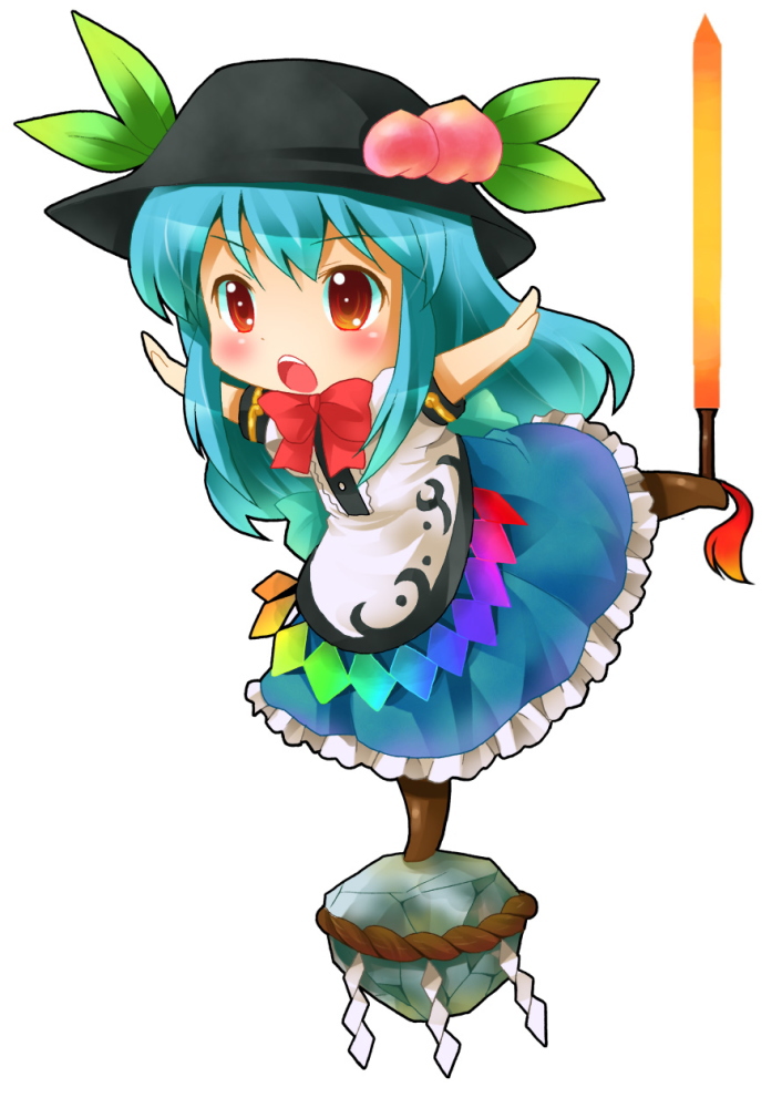 michii yuuki, hinanawi tenshi, touhou, bad id, bad pixiv id, 1girl, aqua hair, chibi, female focus, food, fruit, full body, hat, kaname-ishi, long hair, peach, ribbon, rope, shide, shimenawa, simple background, solo, standing, sword, sword of hisou, weapon, white background