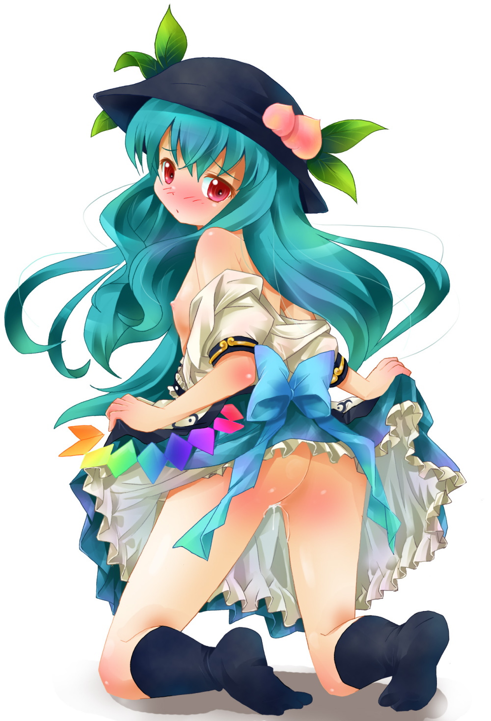 michii yuuki, hinanawi tenshi, touhou, bad id, bad pixiv id, highres, 1girl, aqua hair, ass, blush, bottomless, bow, clothes lift, dress, dress lift, female focus, flat chest, food, fruit, full body, hat, long hair, nipples, no panties, open clothes, open shirt, peach, red eyes, shirt, socks, solo, tears, white background