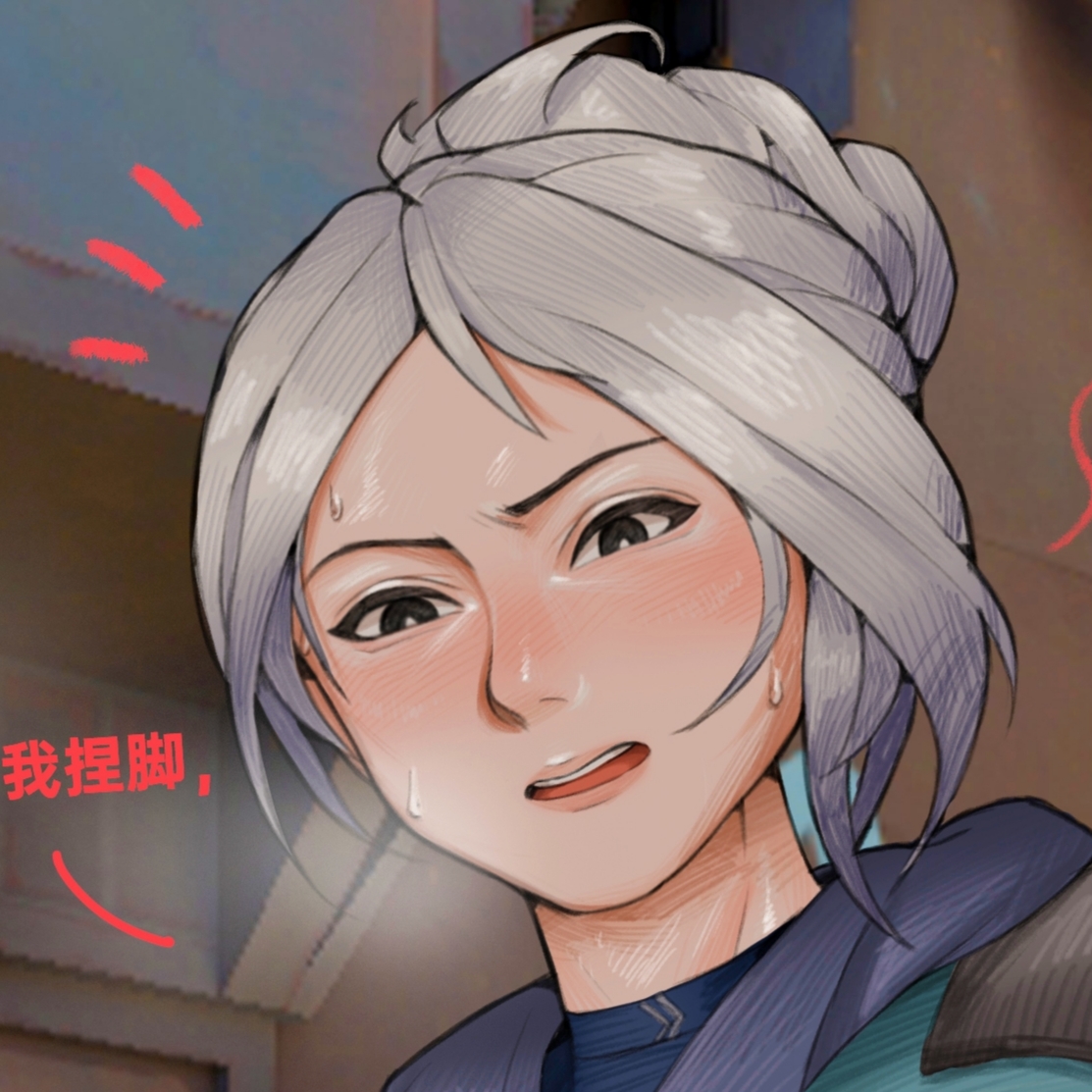 alan21, jett (valorant), valorant, highres, 1girl, animification, blue jacket, blush, bodysuit, chinese text, grey eyes, grey hair, hair bun, hood, hood down, hooded jacket, jacket, looking at viewer, looking down, meme, open mouth, parted bangs, portrait, single hair bun, solo, sweat, teeth, upper teeth only