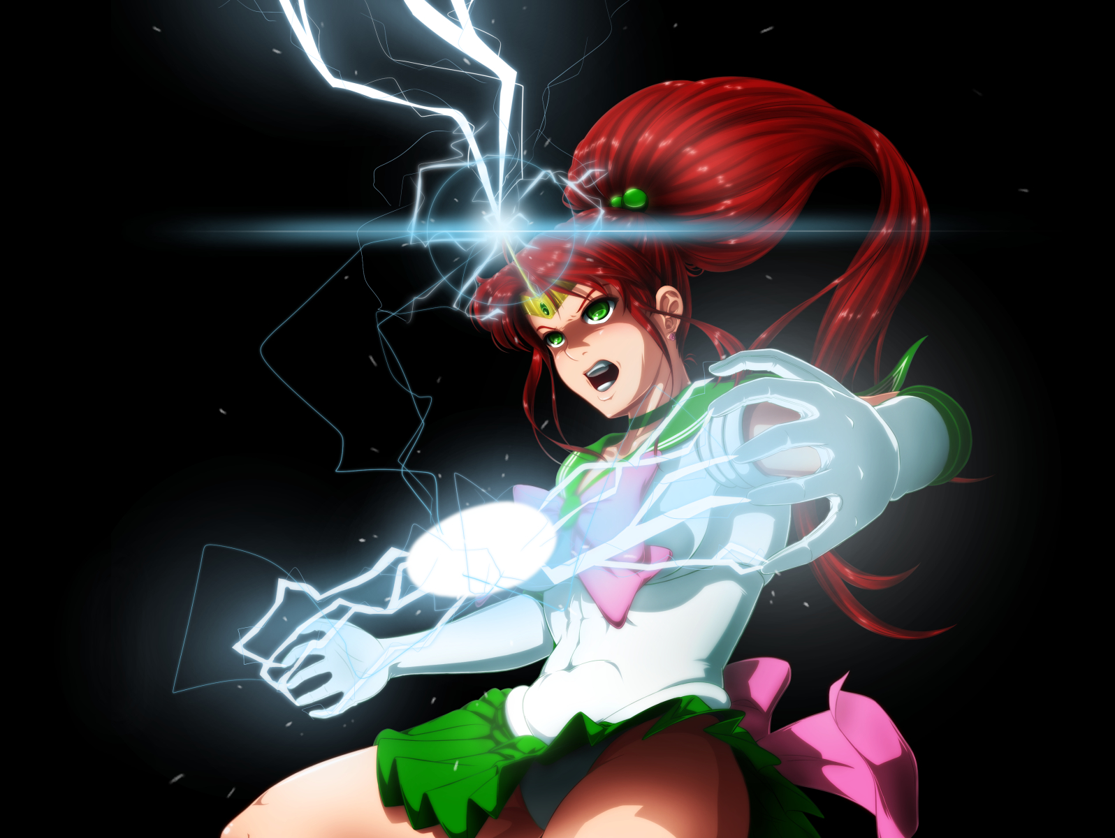 grimbyslayer, kino makoto, sailor jupiter, bishoujo senshi sailor moon, highres, 1girl, abs, bow, bowtie, brown hair, collarbone, covered abs, elbow gloves, electricity, electrokinesis, floating hair, gloves, green brooch, green eyes, green sailor collar, hair bobbles, hair ornament, leotard, lightning, long hair, miniskirt, open mouth, parted bangs, pink bow, pink bowtie, pleated skirt, ponytail, sailor collar, sailor senshi uniform, school uniform, serafuku, short hair, sidelocks, skirt, solo, thick thighs, thighs, white gloves