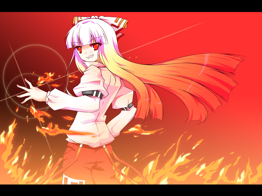 nanamomo rio, nanamomorio, fujiwara no mokou, touhou, bad id, bad pixiv id, 1girl, female focus, fire, long hair, ribbon, solo, white hair
