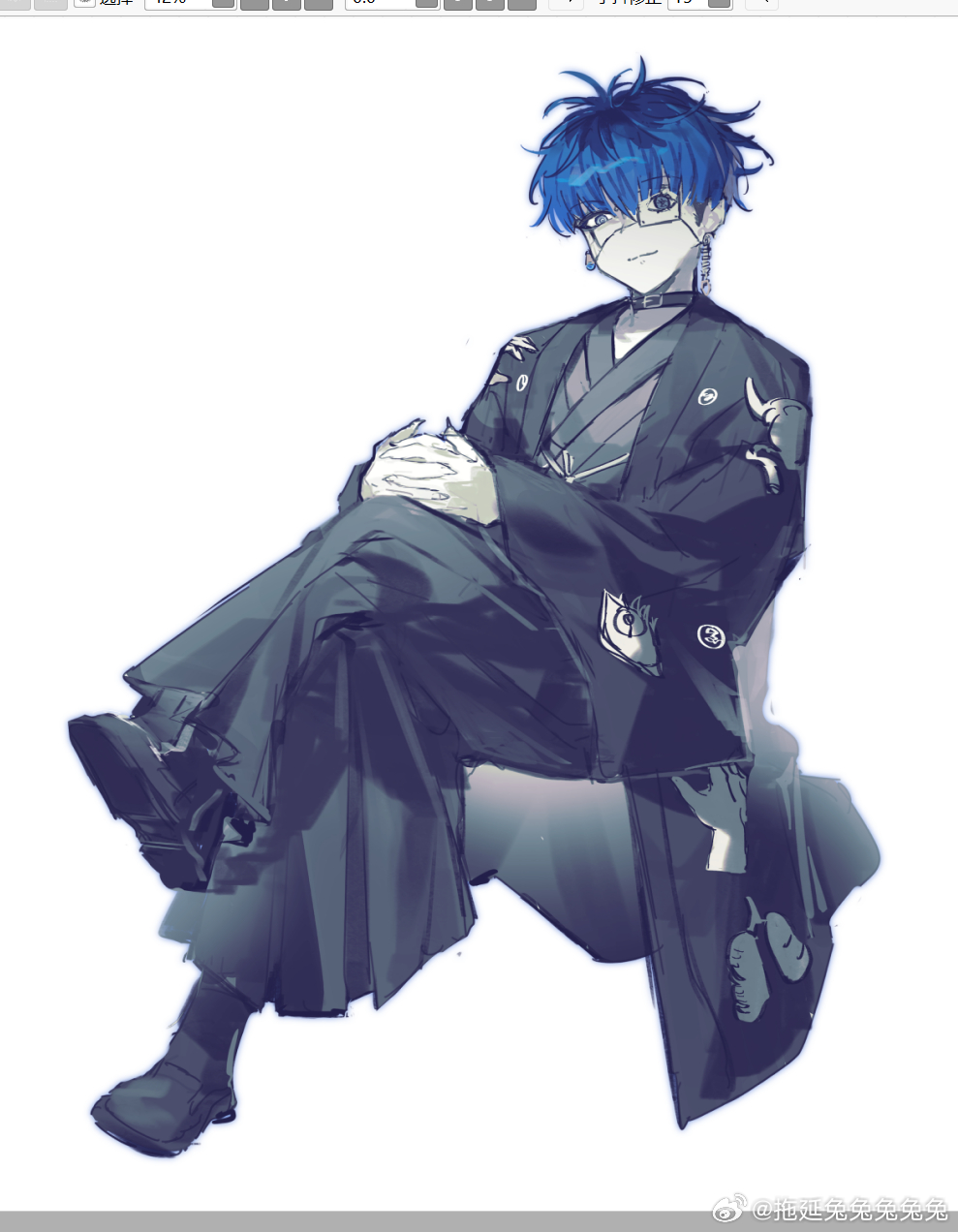 omokage yugamu, painttool sai, the hundred line -last defense academy-, chinese commentary, commentary request, highres, painttool sai (medium), 1boy, art program in frame, belt collar, black boots, black collar, black hair, black hakama, black haori, blue hair, boots, closed mouth, collar, earrings, eyepatch, facepaint, full body, grey eyes, grey kimono, hakama, haori, invisible chair, japanese clothes, jewelry, kimono, long sleeves, male focus, mismatched earrings, multicolored hair, own hands clasped, own hands together, pale skin, print eyepatch, print haori, roots (hair), short hair, simple background, sitting, smile, solo, tuoyan tututututu, two-tone hair, watermark, weibo watermark, white background, wide sleeves