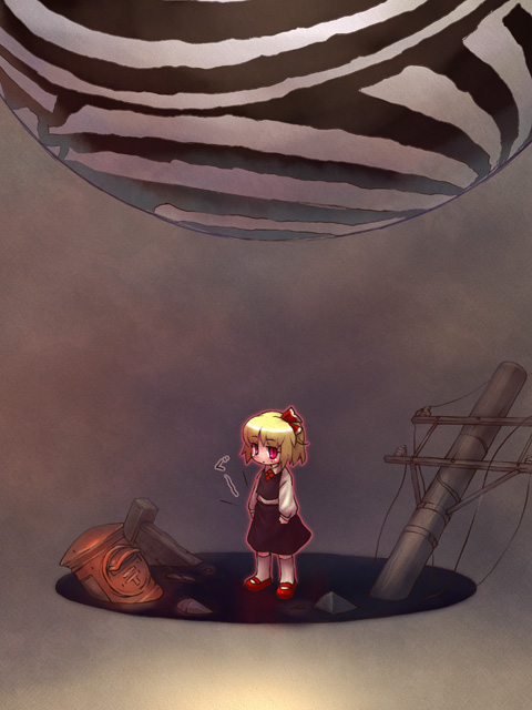 sankuma, angel (evangelion), leliel (evangelion), rumia, embodiment of scarlet devil, neon genesis evangelion, touhou, red footwear, 1girl, blonde hair, bow, crossover, japanese postal mark, postbox, red eyes, ribbon, shoes, short hair, skirt, utility pole