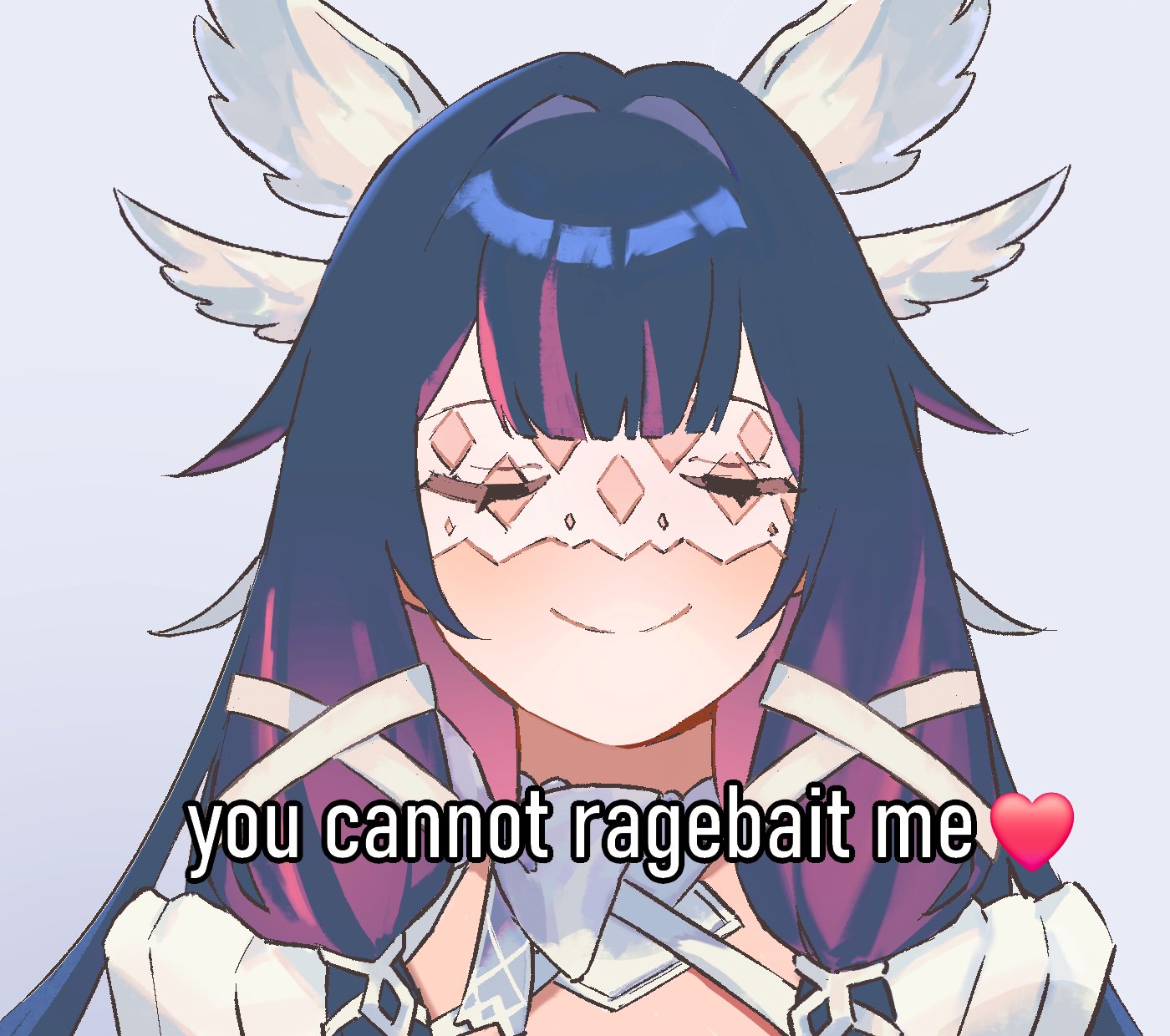 columbina (genshin impact), genshin impact, commentary, english commentary, highres, 1girl, black hair, closed eyes, colored inner hair, english text, eye mask, grey background, hair ornament, meme, multicolored hair, pink hair, portrait, poyo (luberryart), simple background, smile, solo, two-tone hair, white mask, wing hair ornament
