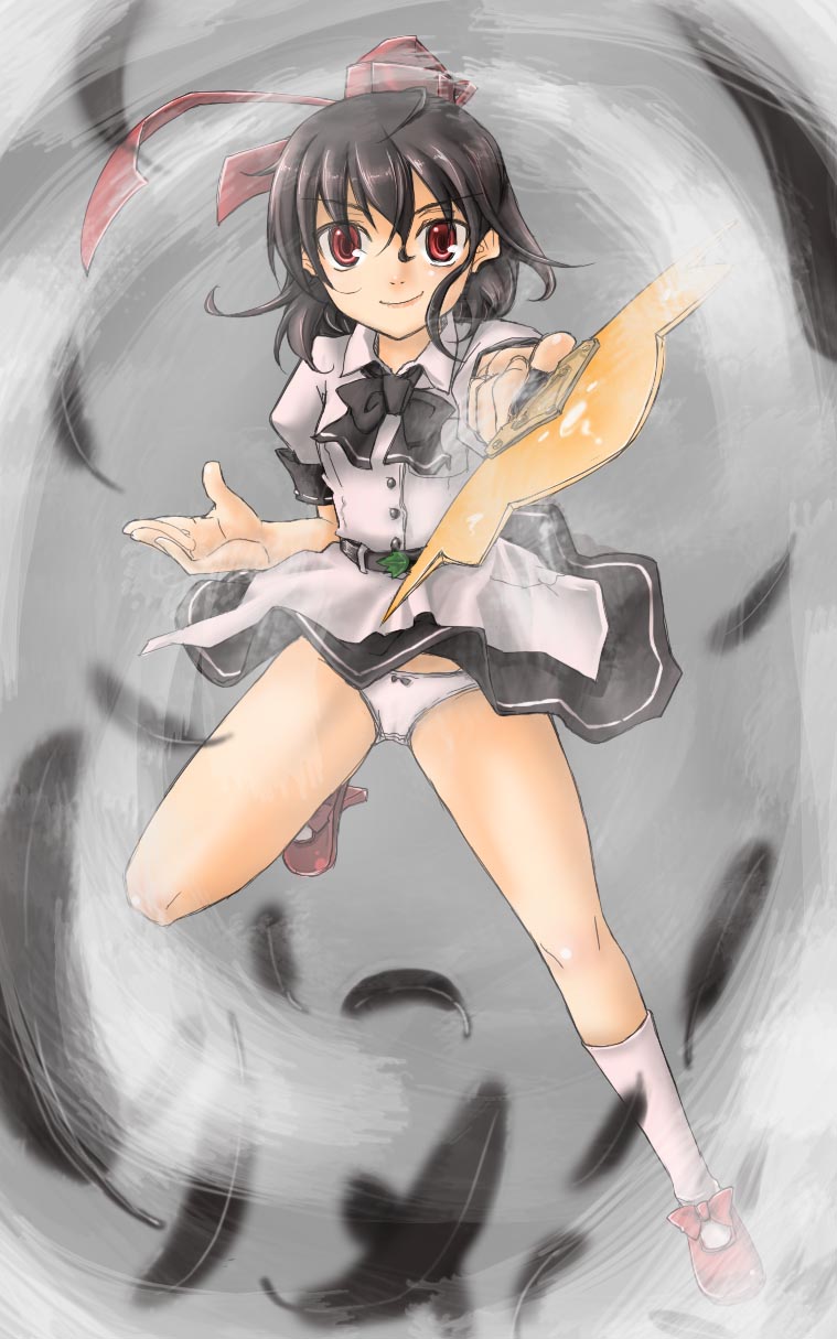 mizune (artist), mizuoto, shameimaru aya, touhou, bad id, bad pixiv id, highres, 1girl, black hair, feathers, female focus, full body, hat, panties, short hair, skirt, solo, underwear