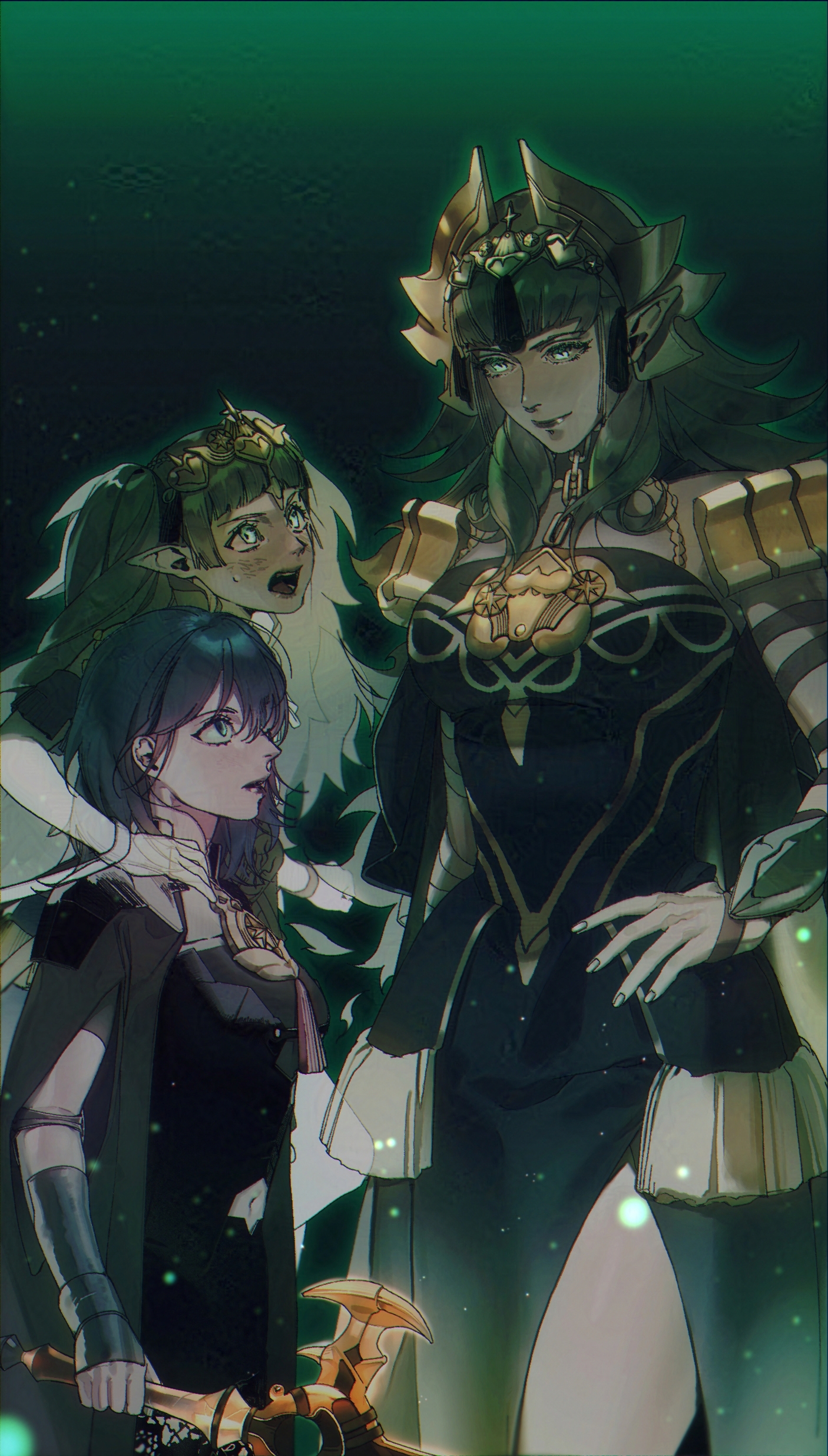 supi 002, female byleth (fire emblem), sothis (adult) (fire emblem), sothis (fire emblem), fire emblem, fire emblem: fortune's weave, fire emblem: three houses, nintendo, absurdres, commentary, highres, symbol-only commentary, 3girls, armor, black armor, black cape, blue eyes, blue hair, cape, closed mouth, dress, fingernails, green eyes, green hair, height difference, holding, holding sword, holding weapon, lips, long hair, looking at another, looking up, multiple girls, open mouth, pointy ears, purple dress, smile, sweatdrop, sword, sword of the creator, twintails, weapon