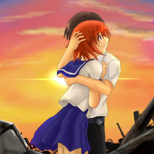 maebara keiichi, ryuuguu rena, higurashi no naku koro ni, lowres, 00s, 1boy, 1girl, blue eyes, brown hair, cloud, hetero, hug, red hair, school uniform, serafuku, sky, sunset