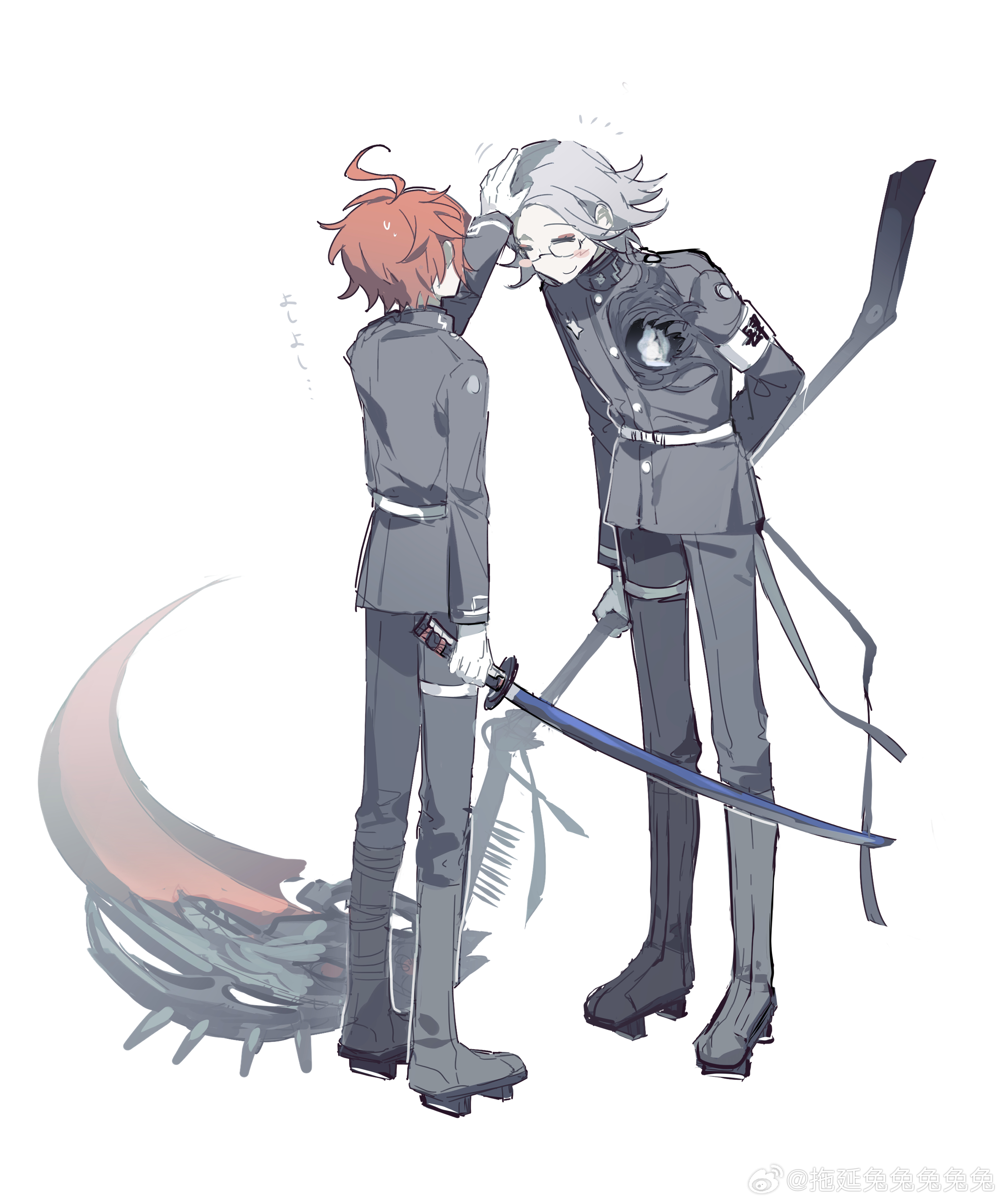 aotsuki eito, sumino takumi, the hundred line -last defense academy-, absurdres, chinese commentary, commentary request, highres, translation request, 2boys, ahoge, arm behind back, armband, belt, black boots, black jacket, black pants, boots, buttons, closed eyes, closed mouth, eyeliner, full body, gakuran, geta, gloves, grey hair, head down, headpat, high collar, holding, holding scythe, holding sword, holding weapon, hole in chest, hole on body, jacket, knee boots, last defense academy school uniform, long sleeves, makeup, multiple boys, pants, red eyeliner, red hair, school uniform, scythe, semi-rimless eyewear, short hair, simple background, smile, sweat, sword, thigh strap, tuoyan tututututu, watermark, weapon, weibo watermark, white armband, white background, white belt, white gloves