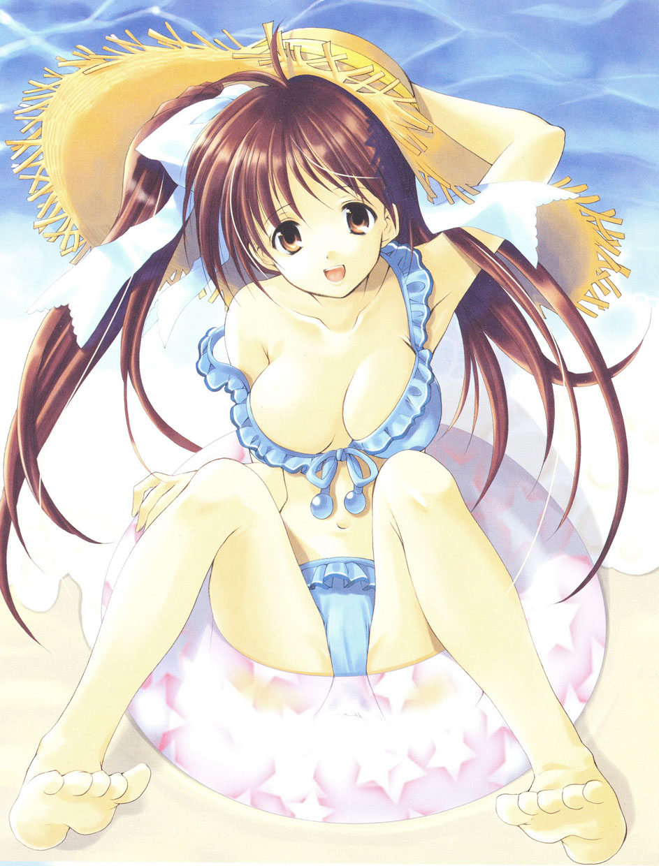 azuma yuki, original, highres, scan, 1girl, armpits, barefoot, beach, bikini, blue bikini, breasts, brown eyes, brown hair, cleavage, feet, female focus, frilled bikini, frills, hat, innertube, large breasts, legs, long hair, open mouth, sand, sitting, smile, solo, strap slip, straw hat, swim ring, swimsuit, toes, water