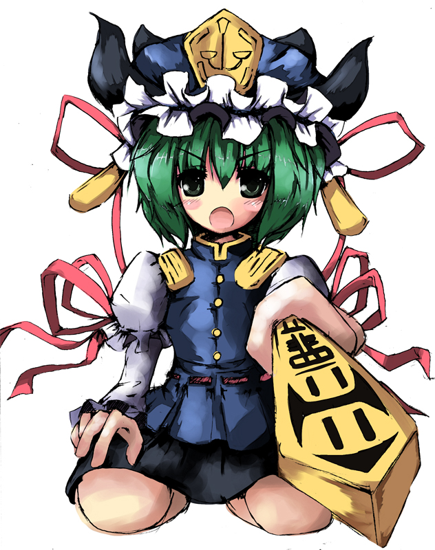 crot (pixiv), kuroto (asgardh), shiki eiki, touhou, 1girl, female focus, green hair, hat, ribbon, rod of remorse, short hair, solo
