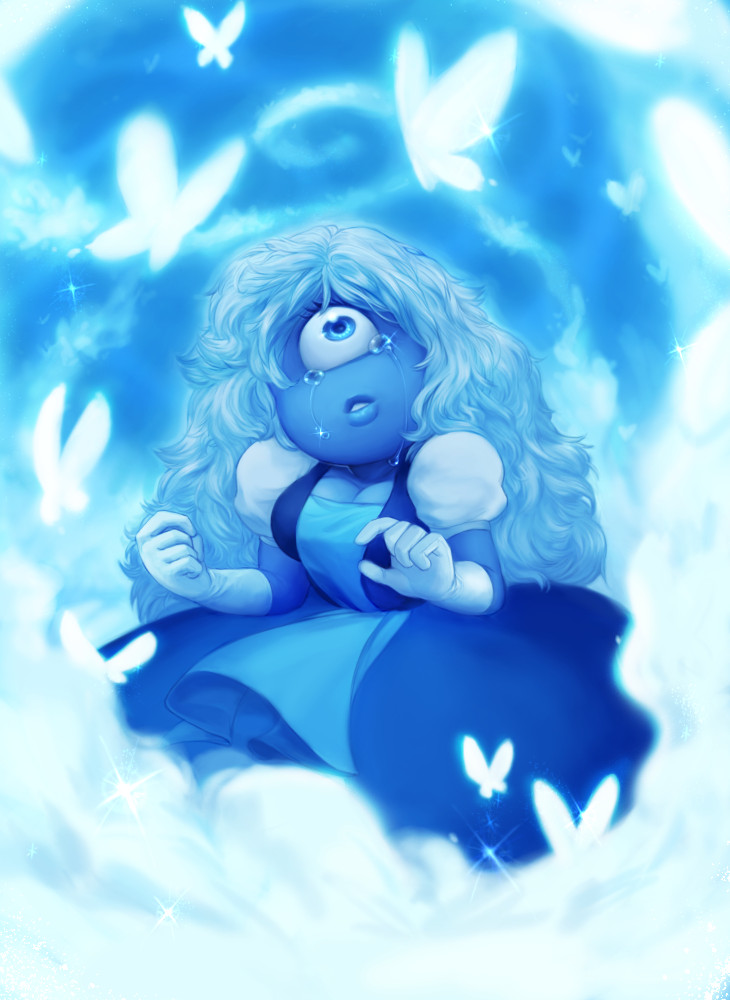 sapphire (steven universe), steven universe, commentary, 1girl, blue dress, blue eyes, blue hair, blue skin, breasts, bug, butterfly, cleavage, colored skin, crying, crying with eyes open, cyclops, dress, eyelashes, gem (steven universe), gloves, insect, leandrocopani, lips, long hair, one-eyed, parted lips, puffy short sleeves, puffy sleeves, short sleeves, solo, tears