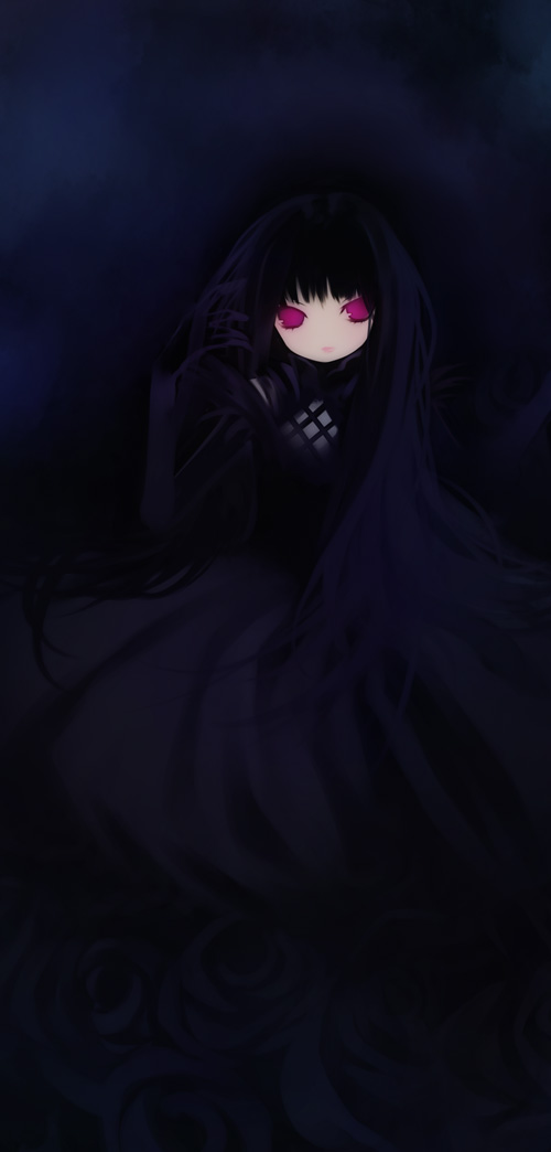puti devil, original, pixiv fantasia, 1girl, black hair, dark, dress, female focus, flower, gloves, goth fashion, gothic lolita, lipstick, lolita fashion, long hair, makeup, pink eyes, rose, solo, standing