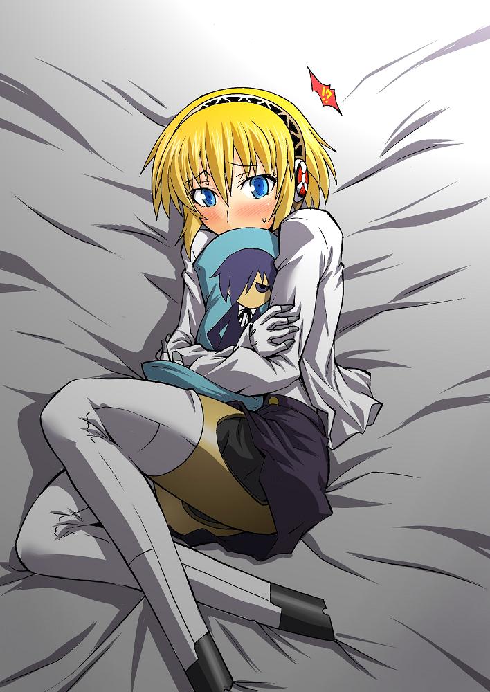 segami daisuke, aigis (persona), atlus, persona, persona 3, android, bed, blonde hair, blue eyes, blush, hairband, hug, hugging object, pillow, pillow hug, school uniform, serafuku, short hair, skirt, solo