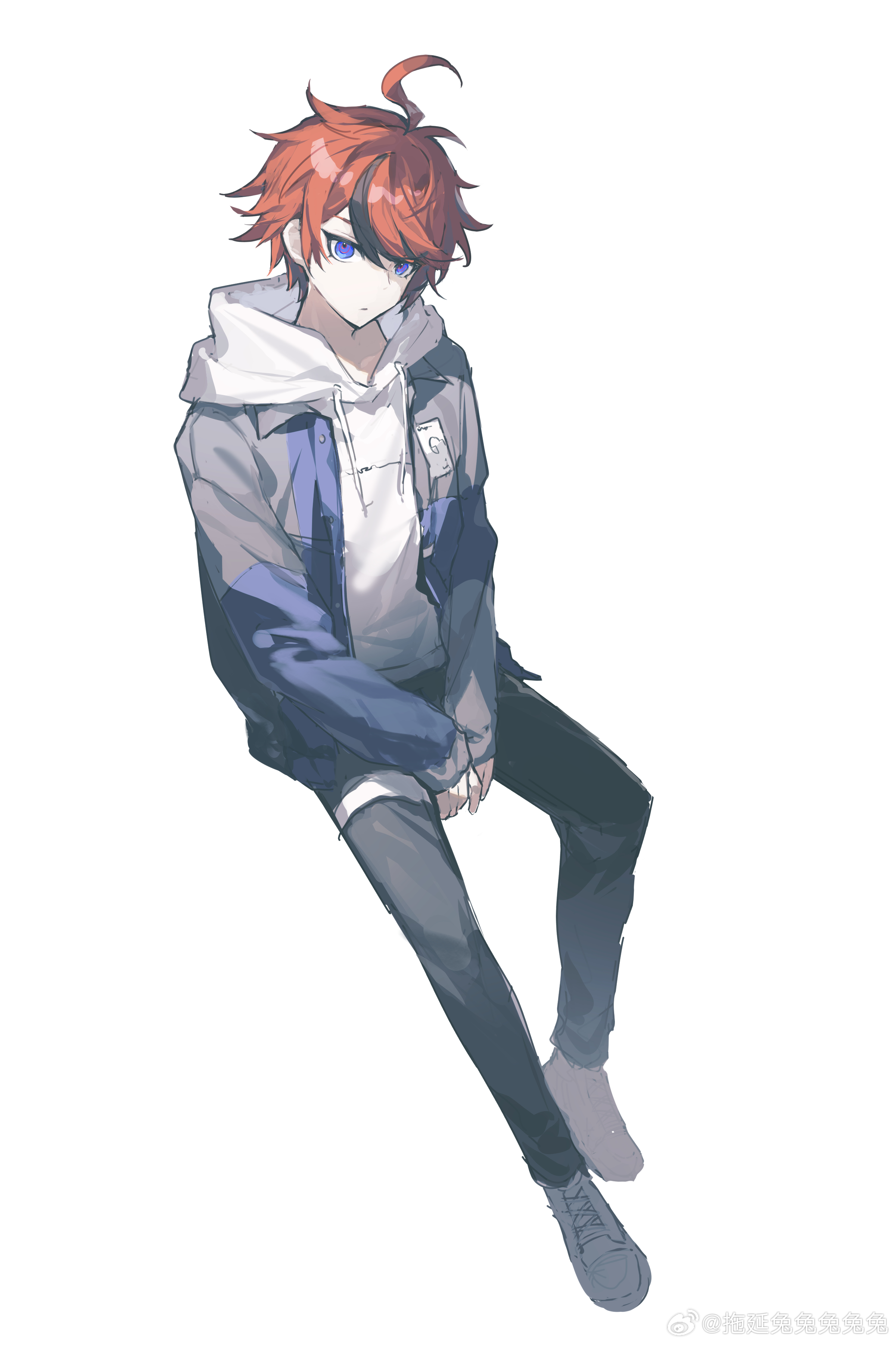 sumino takumi, the hundred line -last defense academy-, absurdres, chinese commentary, commentary request, highres, 1boy, ahoge, arms between legs, black hair, black pants, blue eyes, blue jacket, closed mouth, drawstring, expressionless, full body, grey jacket, hair between eyes, hood, hood down, hoodie, invisible chair, jacket, jacket over hoodie, long sleeves, male focus, multicolored hair, multicolored jacket, open clothes, open jacket, pants, red hair, shoes, short hair, simple background, sitting, sleeves past wrists, sneakers, solo, streaked hair, thigh strap, tuoyan tututututu, two-tone hair, two-tone jacket, watermark, weibo watermark, white background, white hoodie, white shoes
