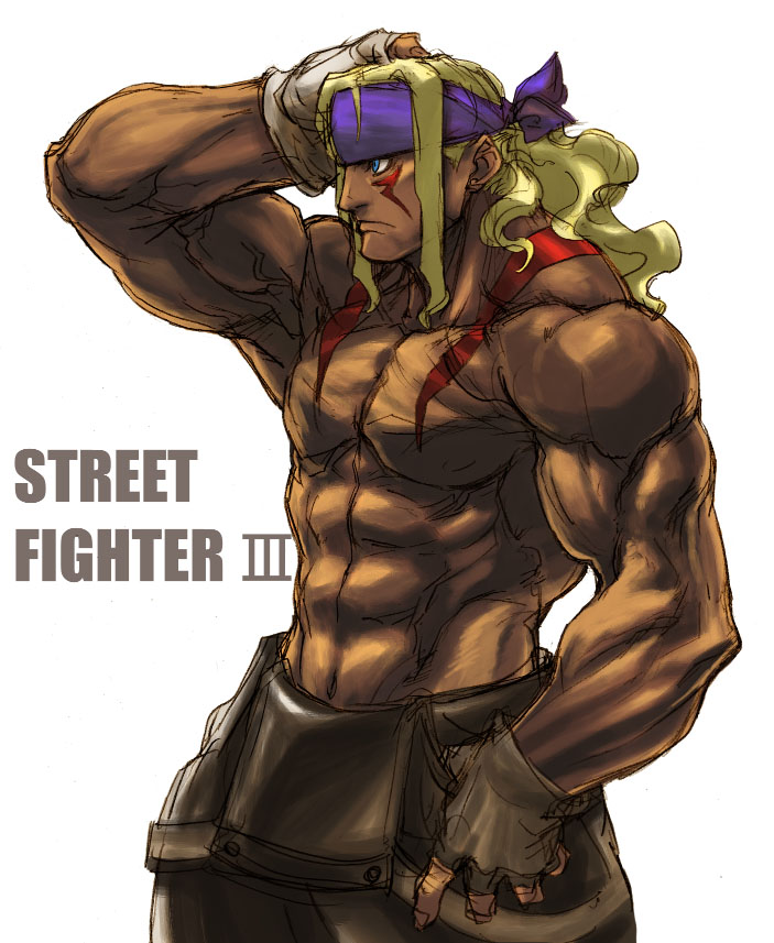tetsu (kimuchi), alex (street fighter), capcom, street fighter, street fighter iii (series), 1boy, bare shoulders, blonde hair, blue eyes, downsuspenders, fingerless gloves, gloves, headband, male focus, muscular, overalls, solo, suspenders, topless male, white background