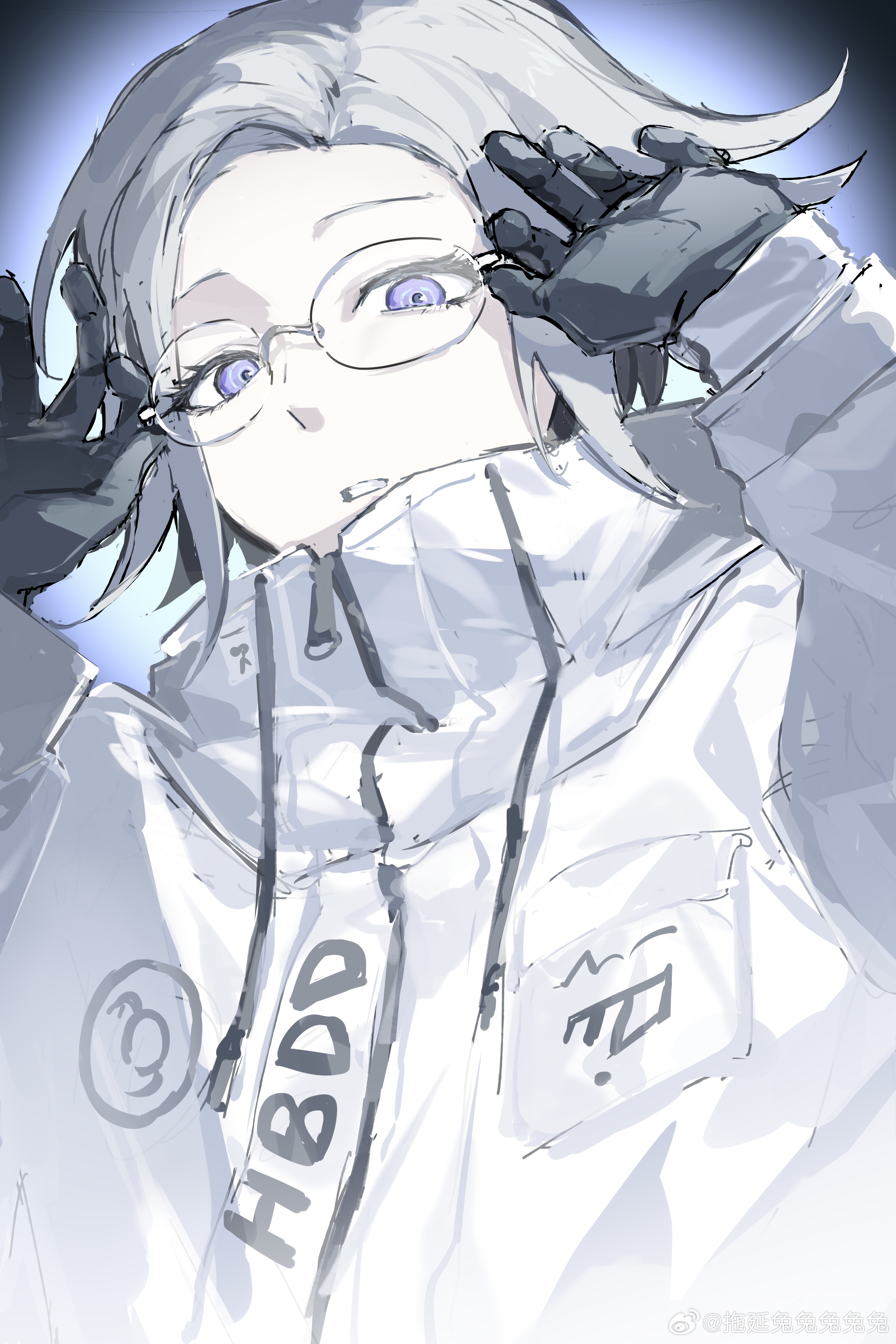 aotsuki eito, the hundred line -last defense academy-, absurdres, chinese commentary, commentary request, highres, 1boy, adjusting eyewear, black gloves, drawstring, glasses, gloves, grey hair, high collar, jacket, long sleeves, looking at viewer, male focus, pocket, purple eyes, short hair, solo, tuoyan tututututu, upper body, watermark, weibo watermark, white jacket, zipper pull tab