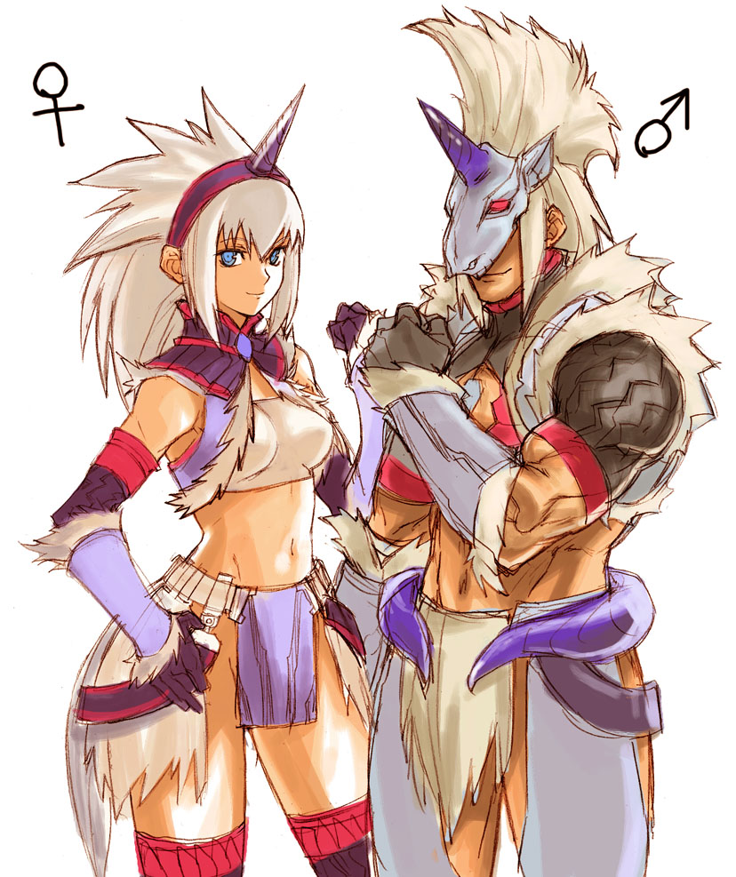 tetsu (kimuchi), capcom, monster hunter (series), 1boy, 1girl, blue eyes, elbow gloves, gloves, hairband, horns, kirin (armor), mask, midriff, no panties, pointy ears, single horn, thighhighs, white hair