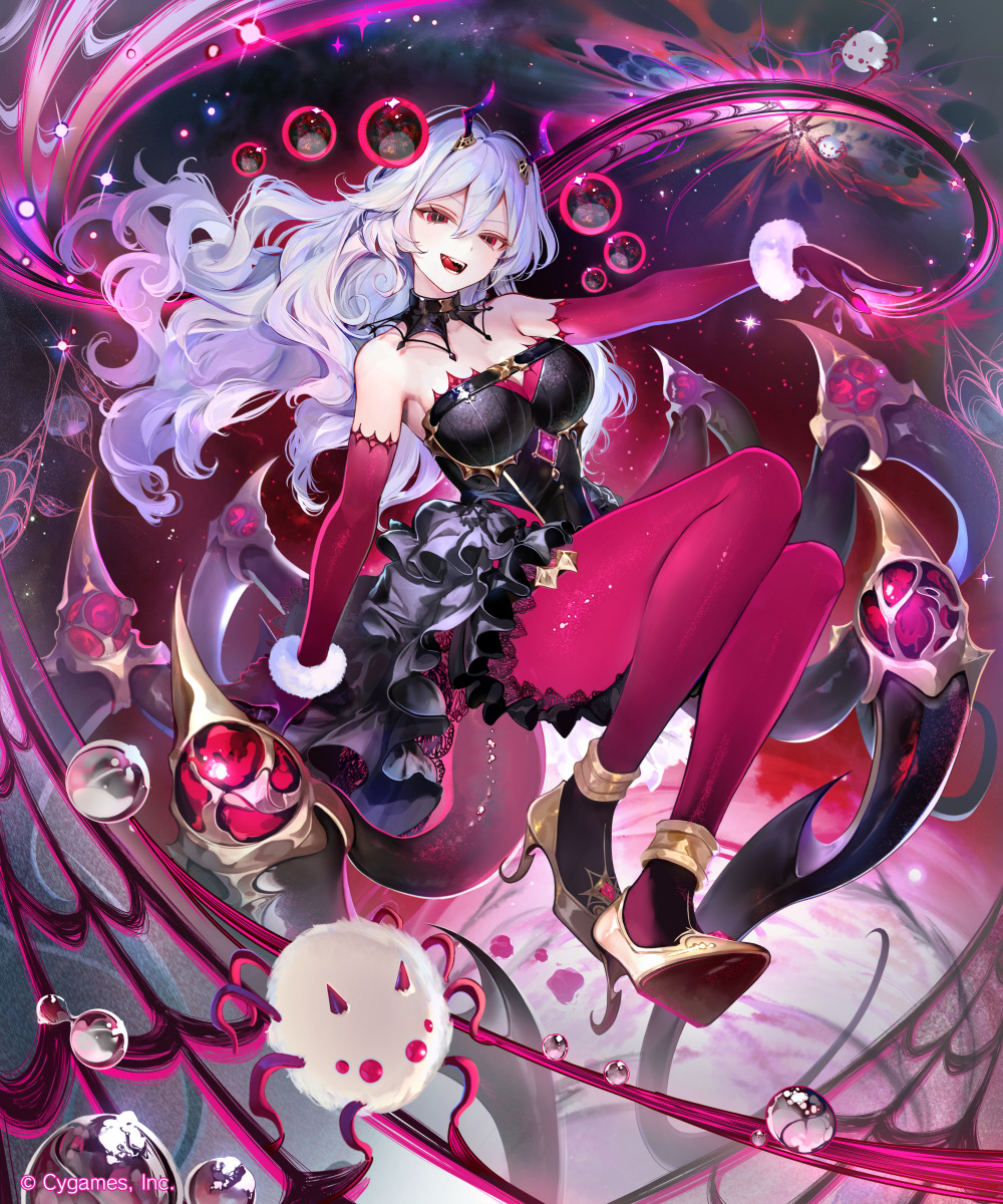 kouyafu, shadowverse, shadowverse: worlds beyond, highres, official art, 1girl, black dress, breasts, chest strap, cleavage, demon horns, detached collar, dress, elbow gloves, fur-trimmed gloves, fur trim, gloves, hair between eyes, horns, large breasts, long hair, open mouth, pantyhose, red eyes, red gloves, red pantyhose, sham-nacha (shadowverse: worlds beyond), solo, white hair