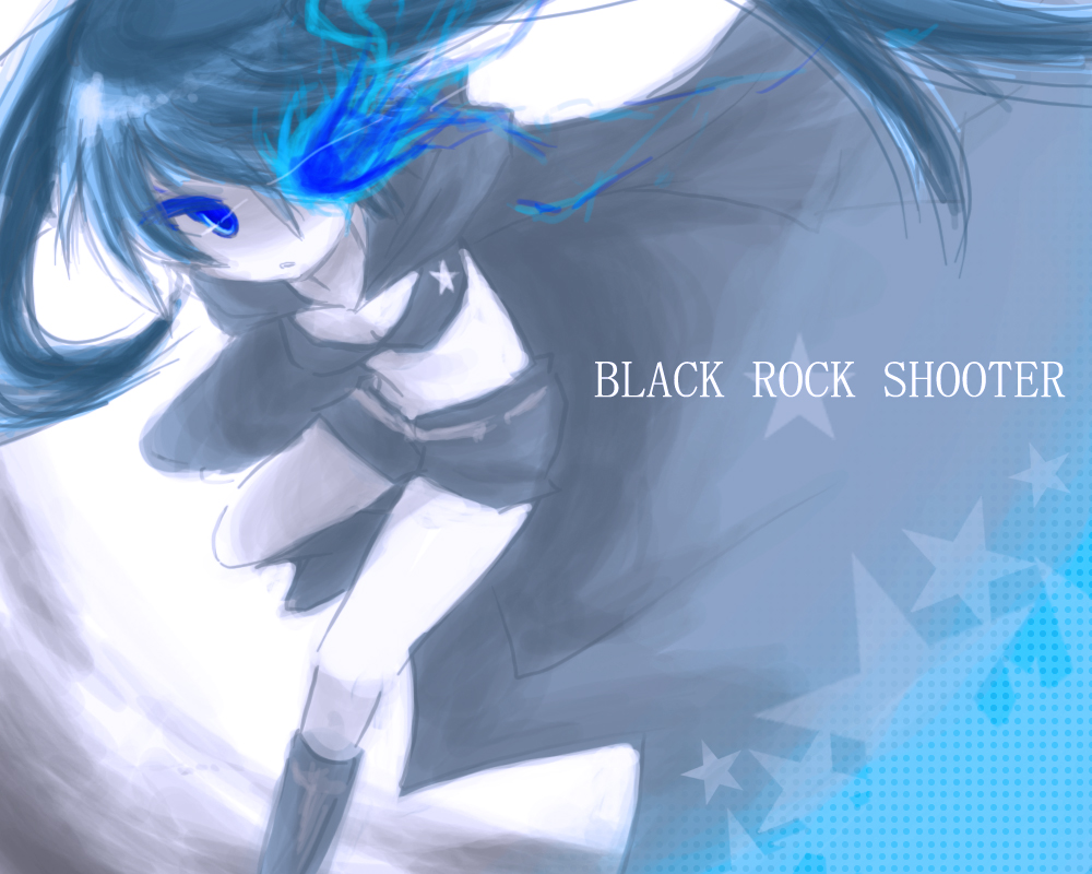 efu, black rock shooter (character), hatsune miku, black rock shooter, vocaloid, bad id, bad pixiv id, 10s, 1girl, belt, bikini, bikini top only, black hair, blue eyes, boots, coat, female focus, flat chest, glowing, glowing eyes, hood, hooded jacket, jacket, knee boots, long hair, midriff, navel, pale skin, short shorts, shorts, solo, star (symbol), swimsuit, twintails, uneven twintails, very long hair