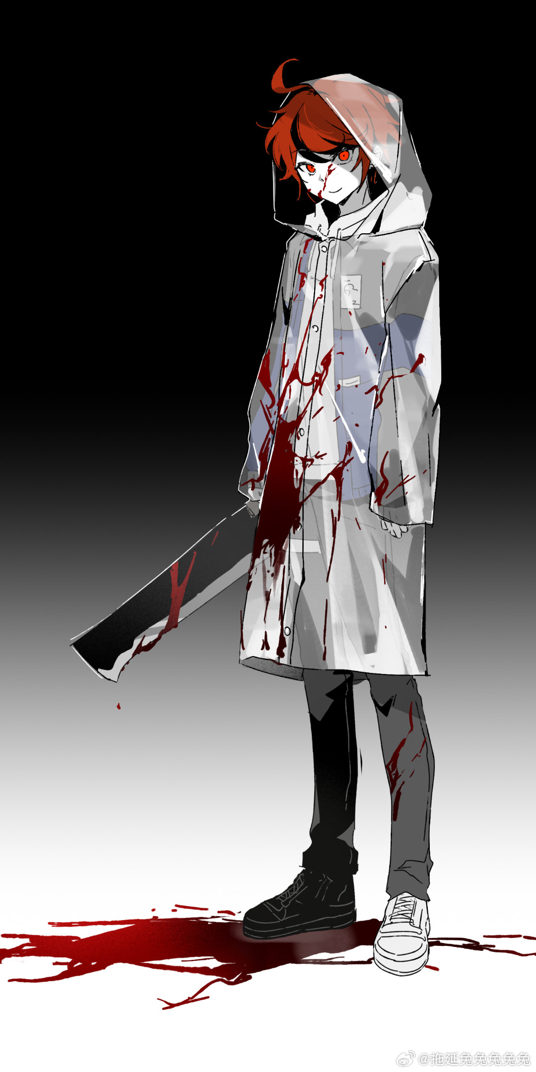 sumino takumi, the hundred line -last defense academy-, chinese commentary, commentary request, highres, spoilers, 1boy, ahoge, black hair, black pants, blood, bloody weapon, blue jacket, cleaver, closed mouth, colored skin, drawstring, full body, gradient background, grey jacket, holding, holding cleaver, hood, hood down, hoodie, jacket, jacket over hoodie, long sleeves, looking at viewer, male focus, multicolored hair, multicolored jacket, official alternate eye color, open clothes, open jacket, pants, pool of blood, raincoat, red eyes, red hair, see-through clothes, see-through raincoat, shoes, short hair, sleeves past wrists, smile, sneakers, solo, streaked hair, thigh strap, tsurime, tuoyan tututututu, two-tone hair, two-tone jacket, watermark, weapon, weibo watermark, white hoodie, white shoes, white skin